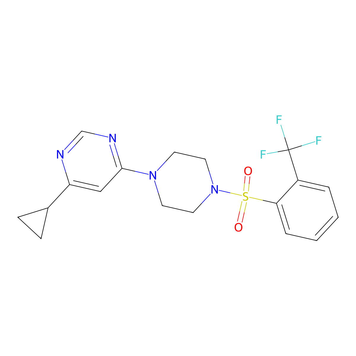 4-Cyclopropyl-6-(4-((2-(trifluoromethyl)phenyl)sulfonyl)piperazin-1-yl)pyrimidine molecular structure, CAS 1797957-91-5
