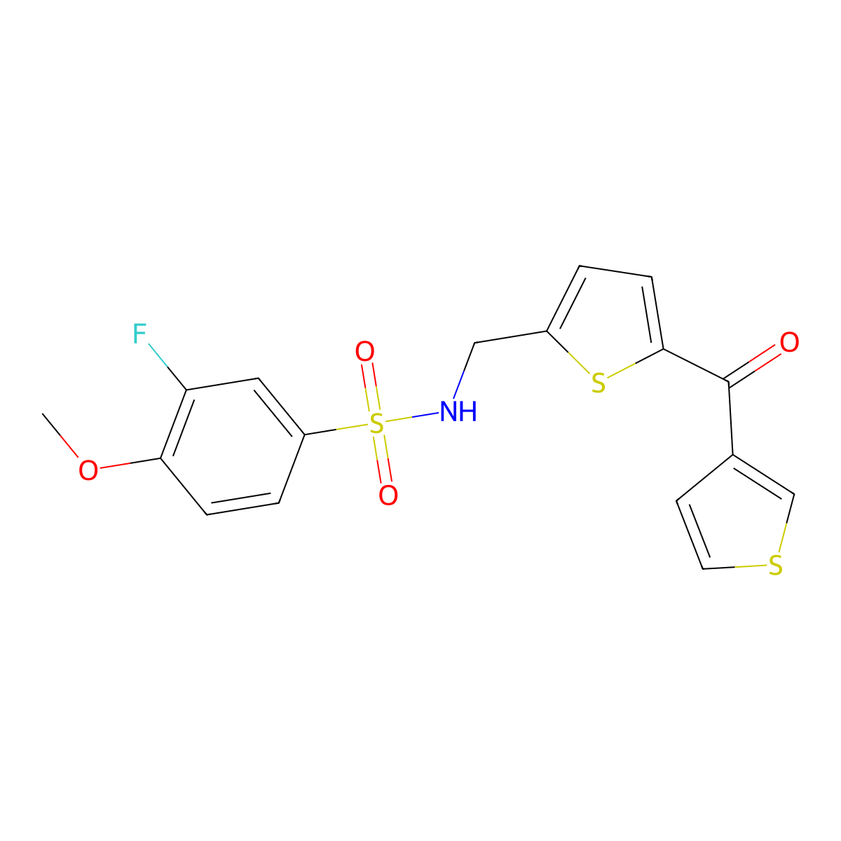 3-fluoro-4-methoxy-N-((5-(thiophene-3-carbonyl)thiophen-2-yl)methyl)benzenesulfonamide molecular structure, CAS 1797958-16-7