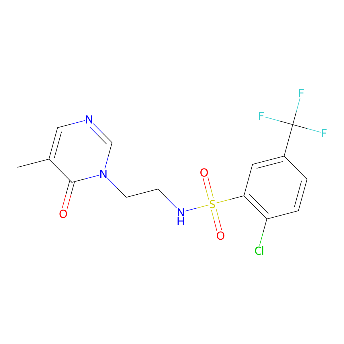 2-chloro-N-(2-(5-methyl-6-oxopyrimidin-1(6H)-yl)ethyl)-5-(trifluoromethyl)benzenesulfonamide molecular structure, CAS 1797958-33-8