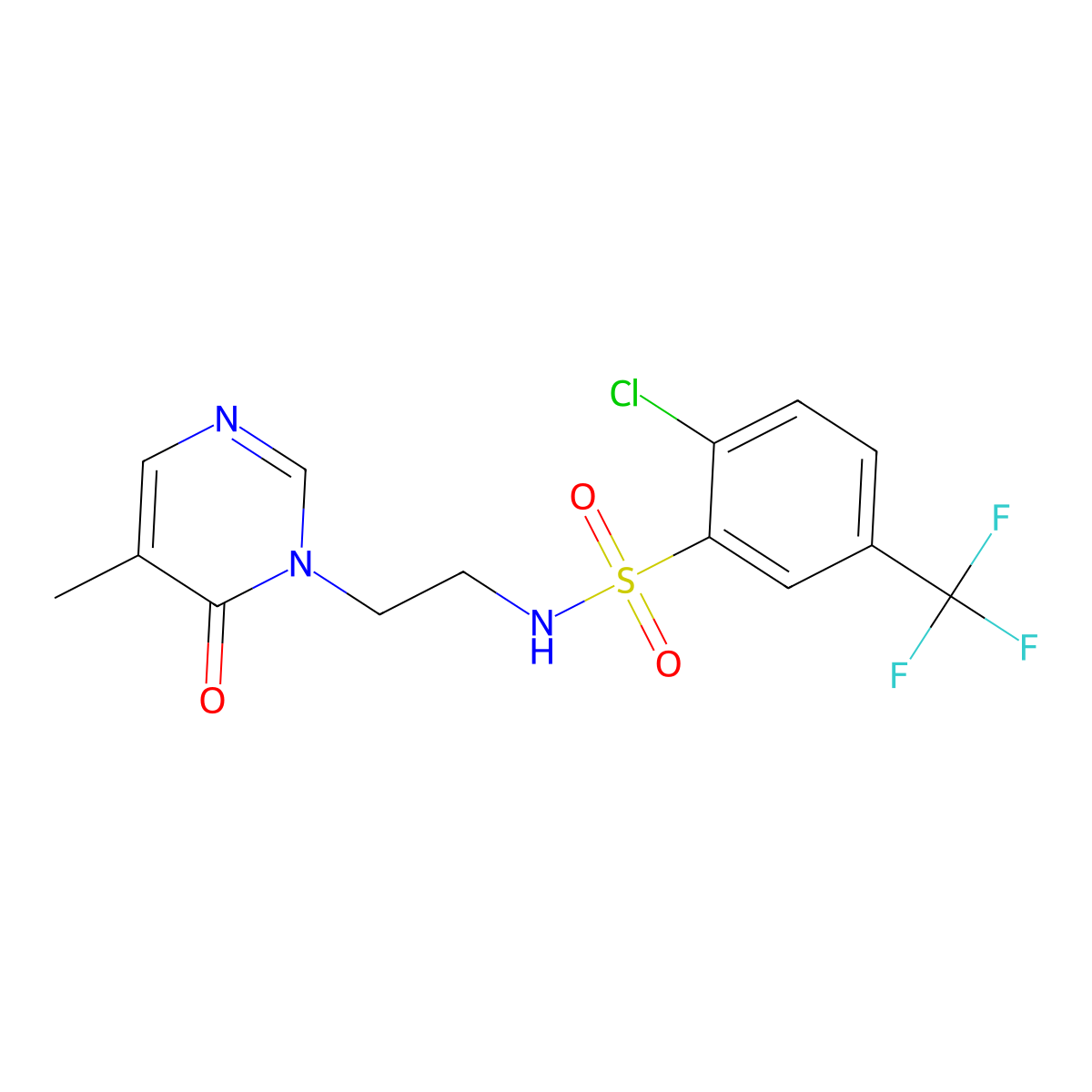 2-chloro-N-(2-(5-methyl-6-oxopyrimidin-1(6H)-yl)ethyl)-5-(trifluoromethyl)benzenesulfonamide molecular structure, CAS 1797958-33-8