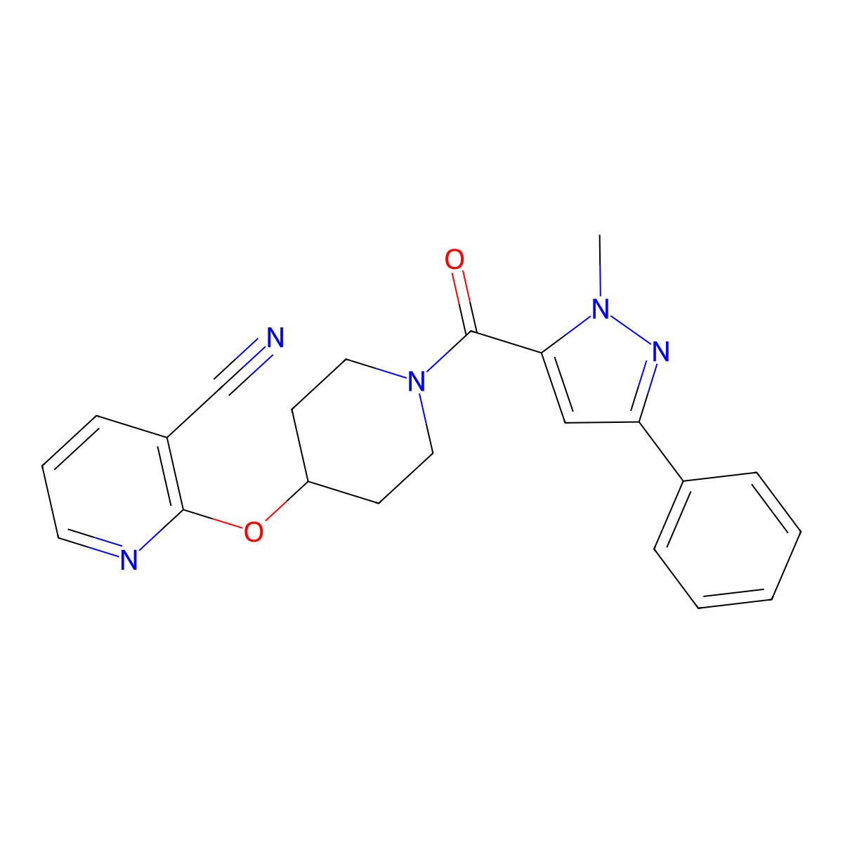 2-((1-(1-methyl-3-phenyl-1H-pyrazole-5-carbonyl)piperidin-4-yl)oxy)nicotinonitrile molecular structure, CAS 1797958-85-0