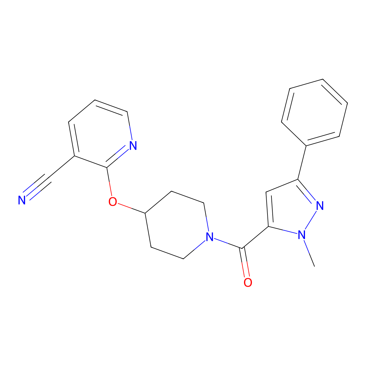 2-((1-(1-methyl-3-phenyl-1H-pyrazole-5-carbonyl)piperidin-4-yl)oxy)nicotinonitrile molecular structure, CAS 1797958-85-0