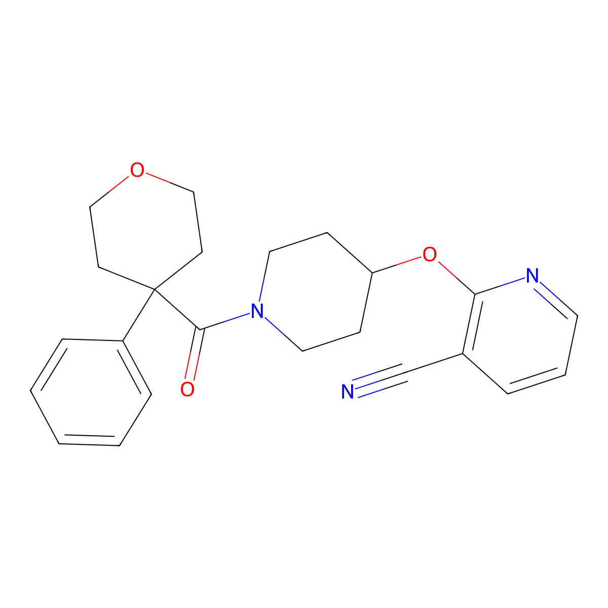 2-((1-(4-phenyltetrahydro-2H-pyran-4-carbonyl)piperidin-4-yl)oxy)nicotinonitrile molecular structure, CAS 1797959-00-2
