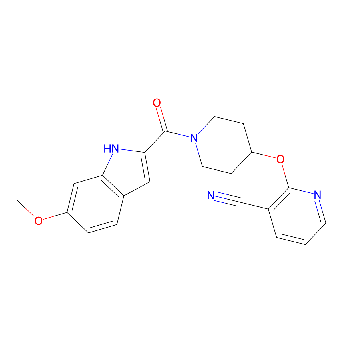 2-((1-(6-methoxy-1H-indole-2-carbonyl)piperidin-4-yl)oxy)nicotinonitrile molecular structure, CAS 1797959-07-9
