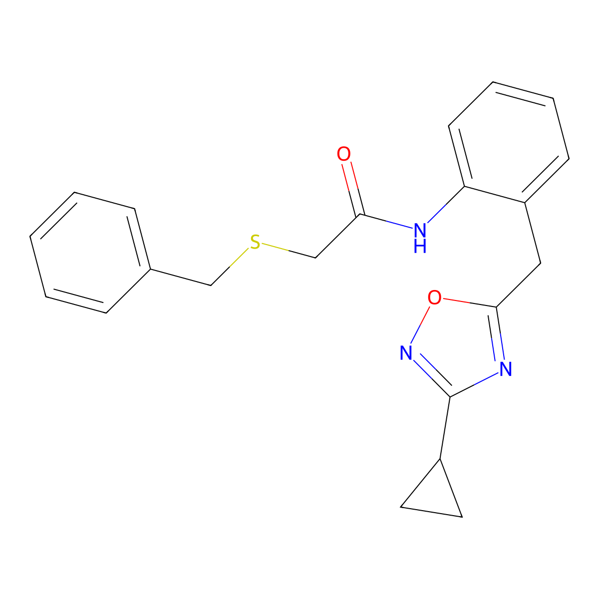 2-(benzylthio)-N-(2-((3-cyclopropyl-1,2,4-oxadiazol-5-yl)methyl)phenyl)acetamide molecular structure, CAS 1797959-31-9