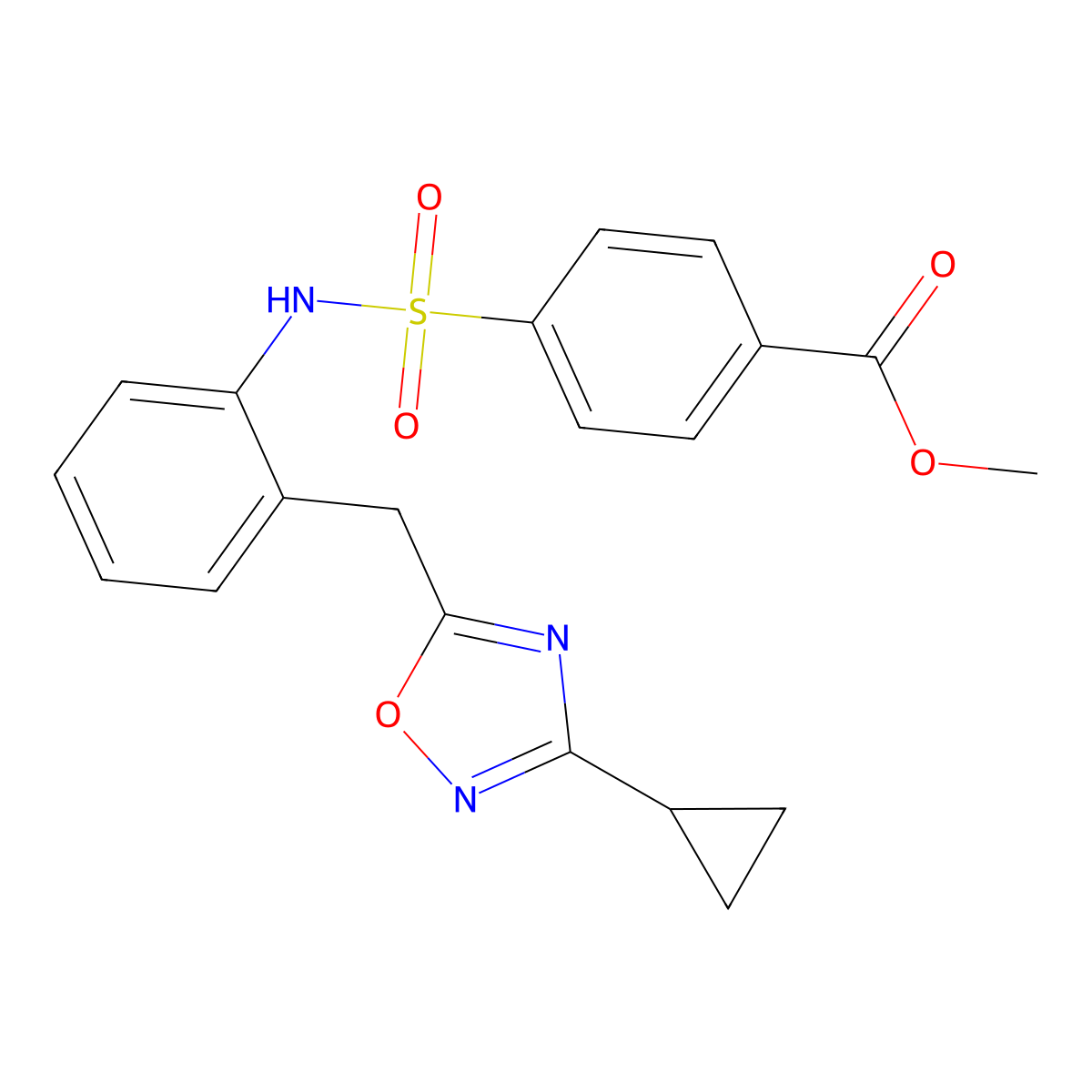 methyl 4-(N-(2-((3-cyclopropyl-1,2,4-oxadiazol-5-yl)methyl)phenyl)sulfamoyl)benzoate molecular structure, CAS 1797959-40-0