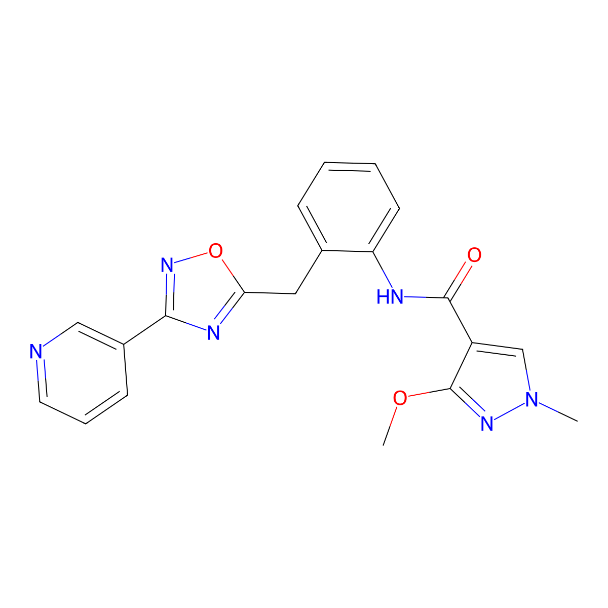 3-methoxy-1-methyl-N-(2-{[3-(pyridin-3-yl)-1,2,4-oxadiazol-5-yl]methyl}phenyl)-1H-pyrazole-4-carboxamide molecular structure, CAS 1797959-46-6