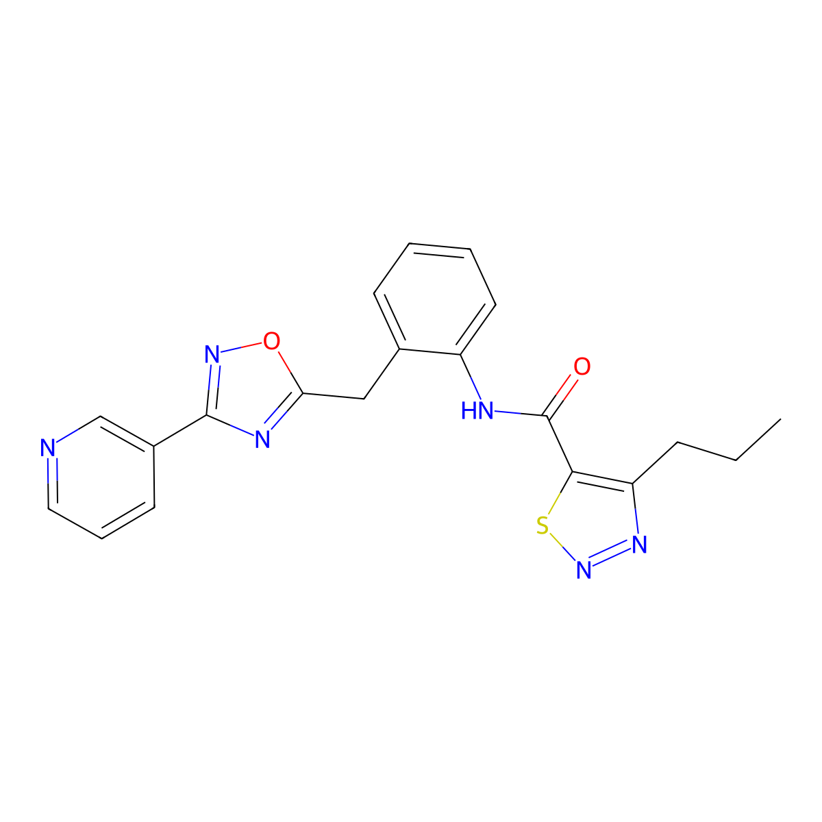 4-Propyl-N-(2-{[3-(pyridin-3-YL)-1,2,4-oxadiazol-5-YL]methyl}phenyl)-1,2,3-thiadiazole-5-carboxamide molecular structure, CAS 1797959-54-6