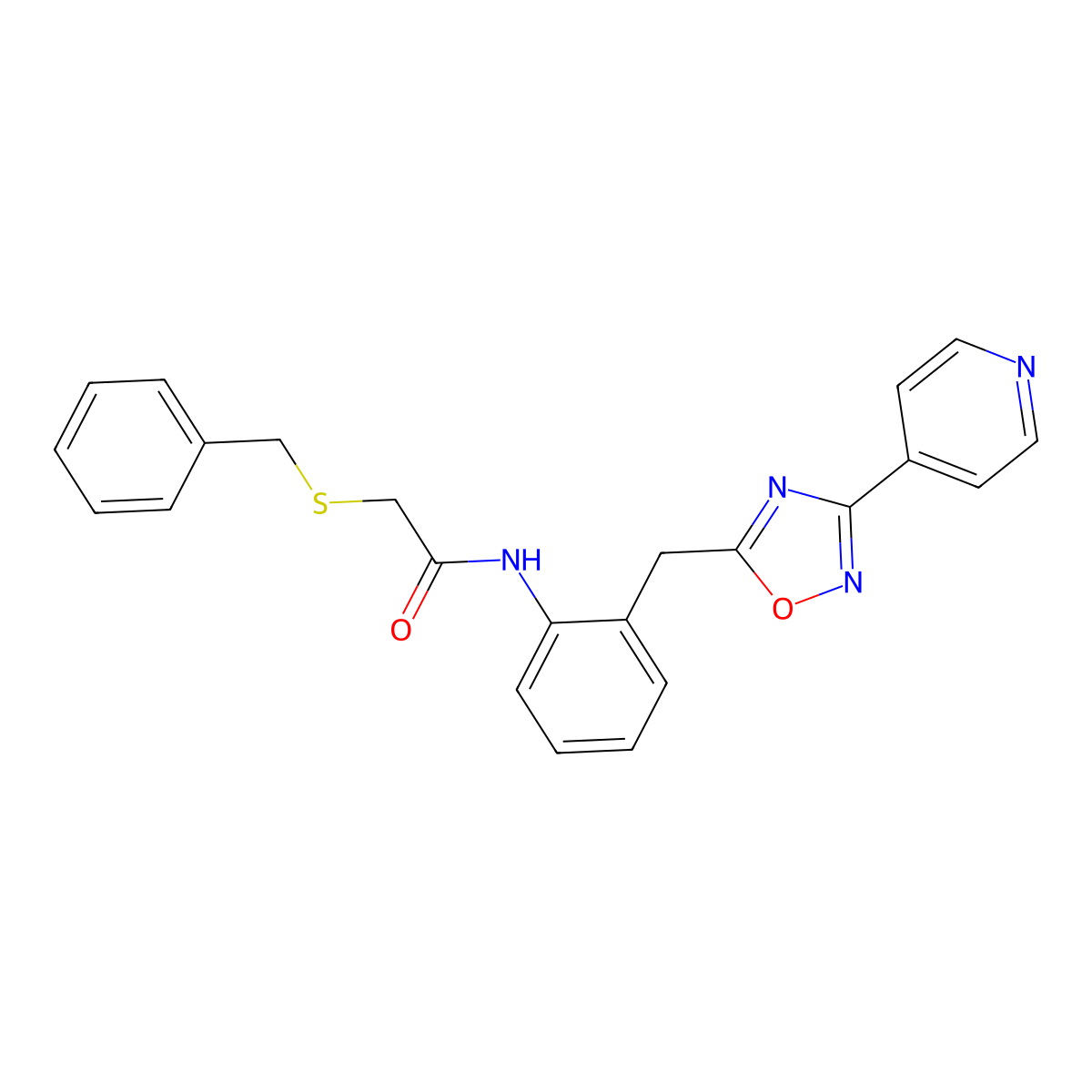 2-(benzylthio)-N-(2-((3-(pyridin-4-yl)-1,2,4-oxadiazol-5-yl)methyl)phenyl)acetamide molecular structure, CAS 1797959-86-4