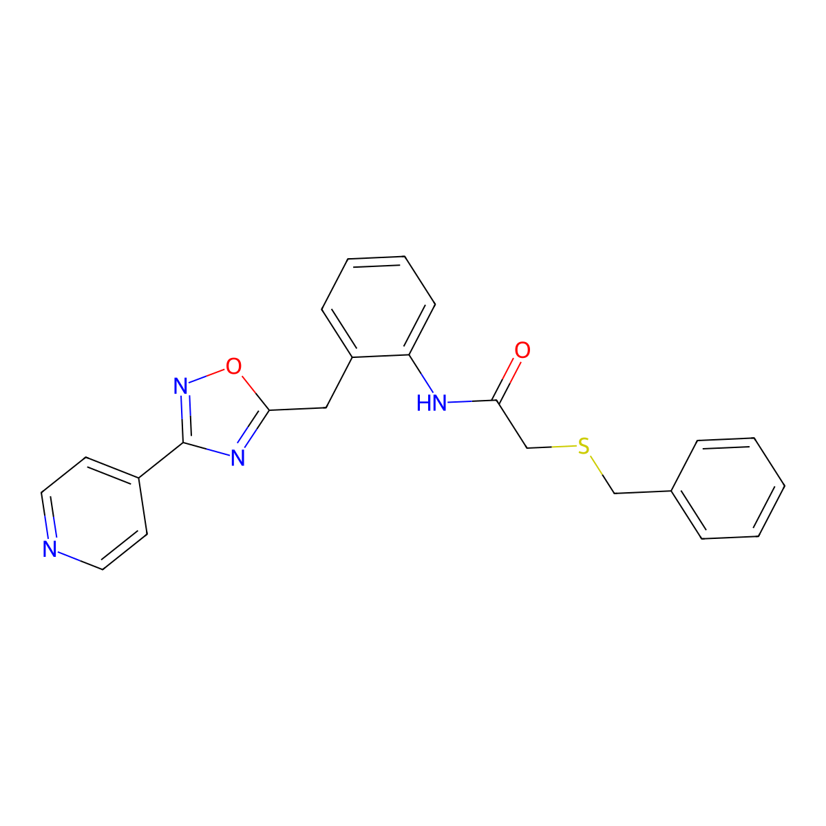 2-(benzylthio)-N-(2-((3-(pyridin-4-yl)-1,2,4-oxadiazol-5-yl)methyl)phenyl)acetamide molecular structure, CAS 1797959-86-4