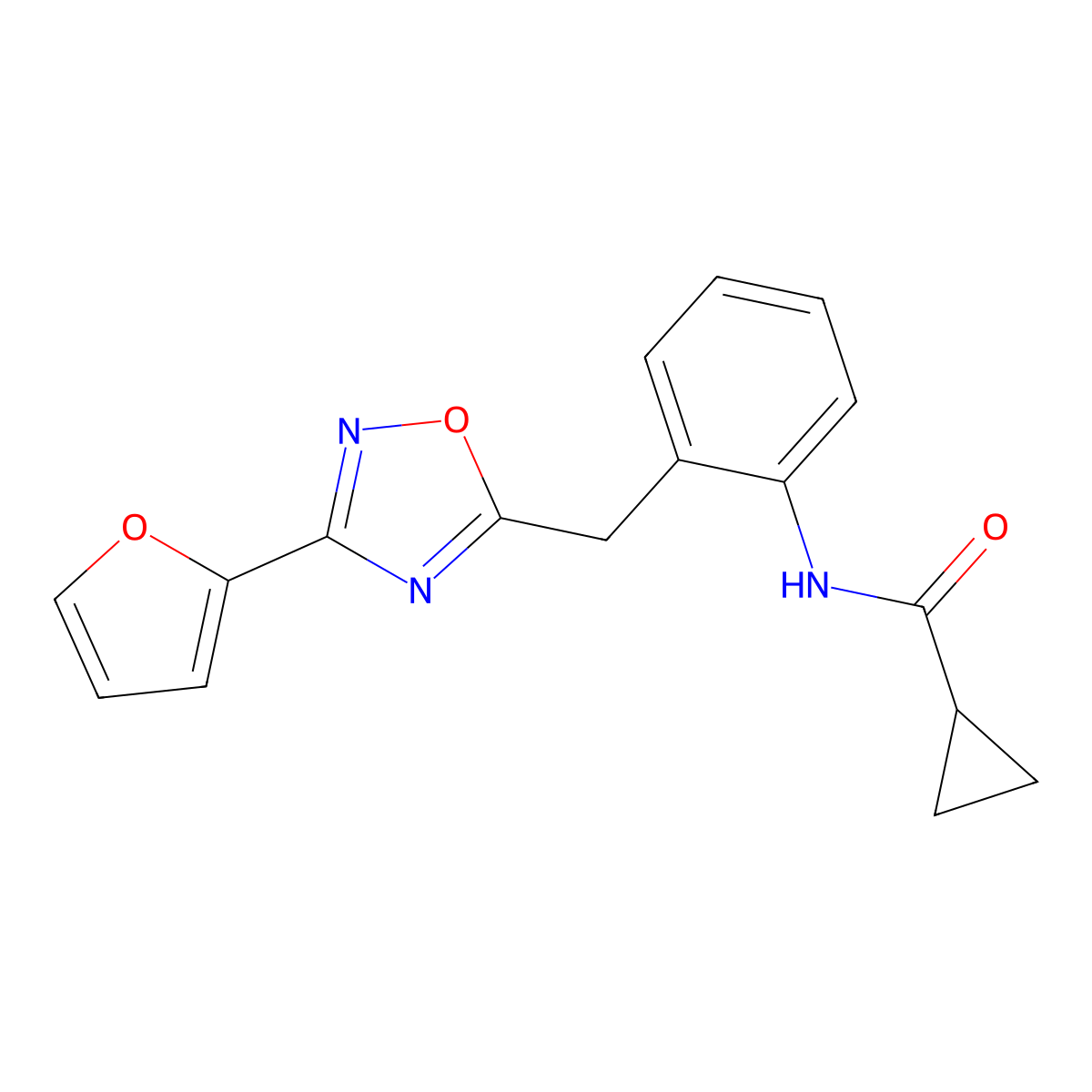 N-(2-{[3-(Furan-2-YL)-1,2,4-oxadiazol-5-YL]methyl}phenyl)cyclopropanecarboxamide molecular structure, CAS 1797960-02-1