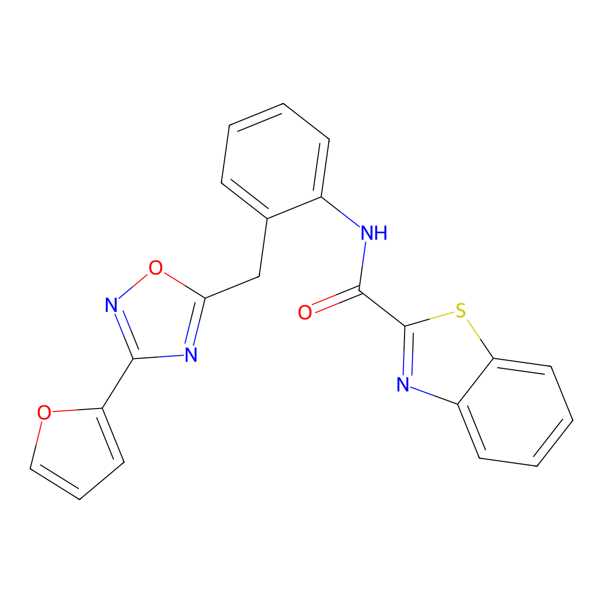 N-(2-((3-(furan-2-yl)-1,2,4-oxadiazol-5-yl)methyl)phenyl)benzo[d]thiazole-2-carboxamide molecular structure, CAS 1797960-04-3