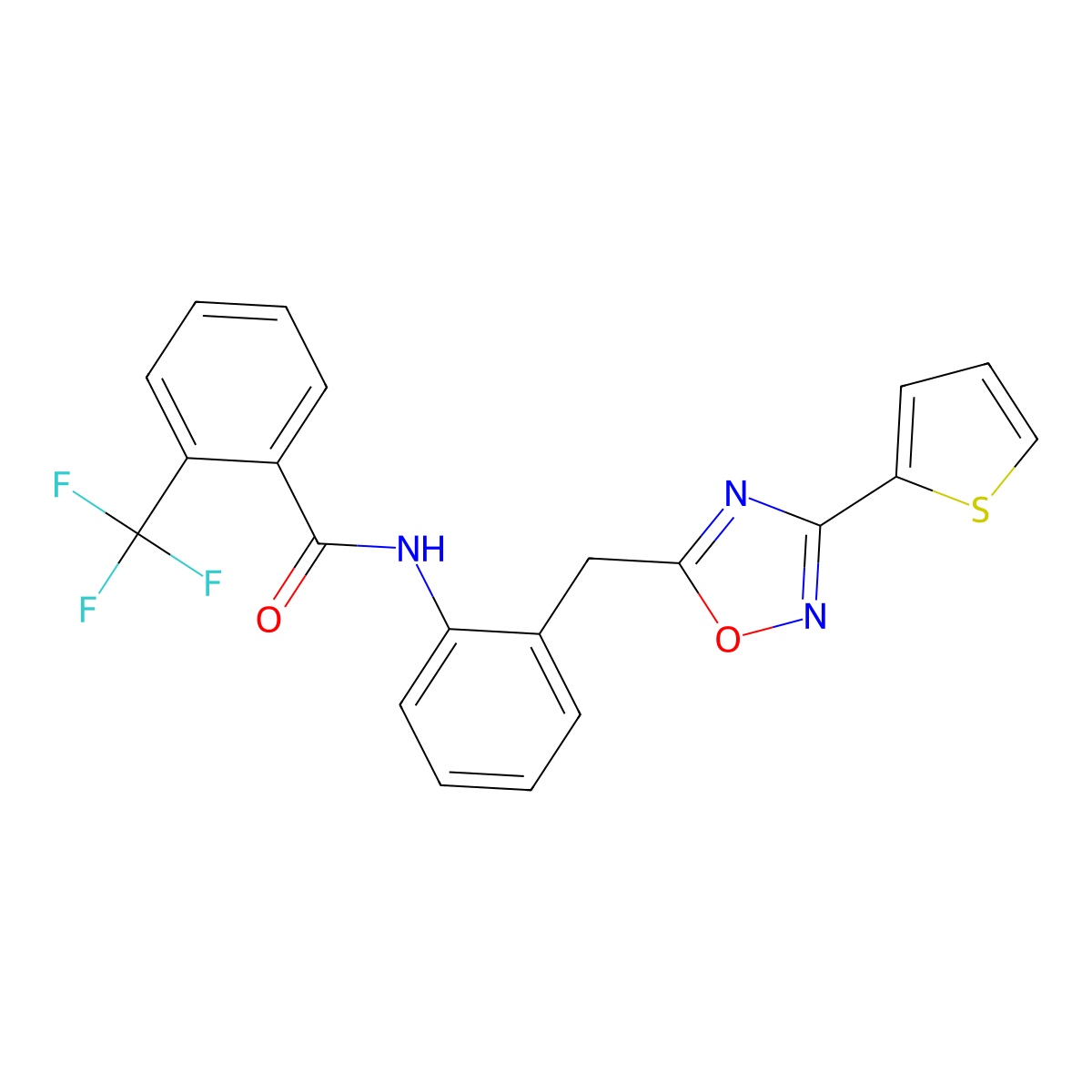 N-(2-{[3-(Thiophen-2-YL)-1,2,4-oxadiazol-5-YL]methyl}phenyl)-2-(trifluoromethyl)benzamide molecular structure, CAS 1797960-19-0