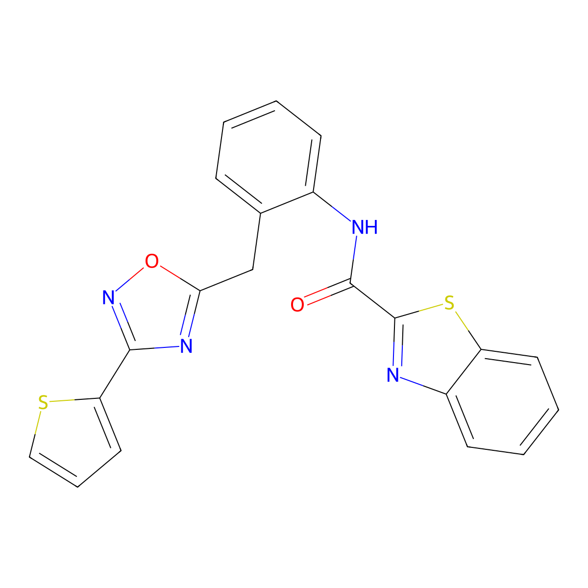 N-(2-((3-(thiophen-2-yl)-1,2,4-oxadiazol-5-yl)methyl)phenyl)benzo[d]thiazole-2-carboxamide molecular structure, CAS 1797960-20-3