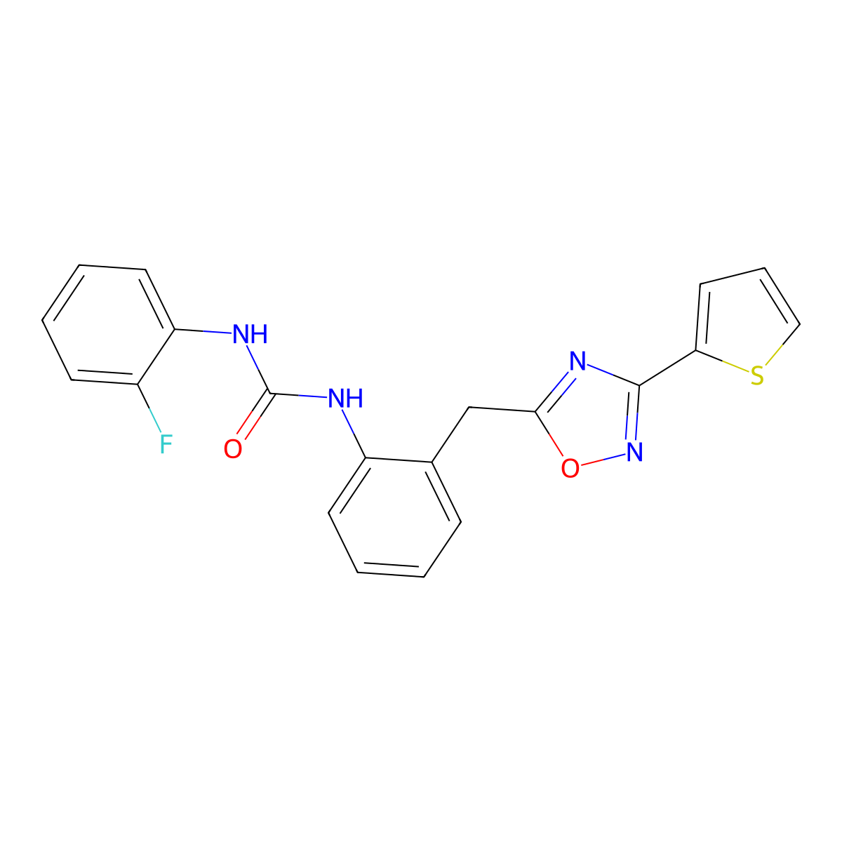1-(2-Fluorophenyl)-3-(2-((3-(thiophen-2-yl)-1,2,4-oxadiazol-5-yl)methyl)phenyl)urea molecular structure, CAS 1797960-35-0