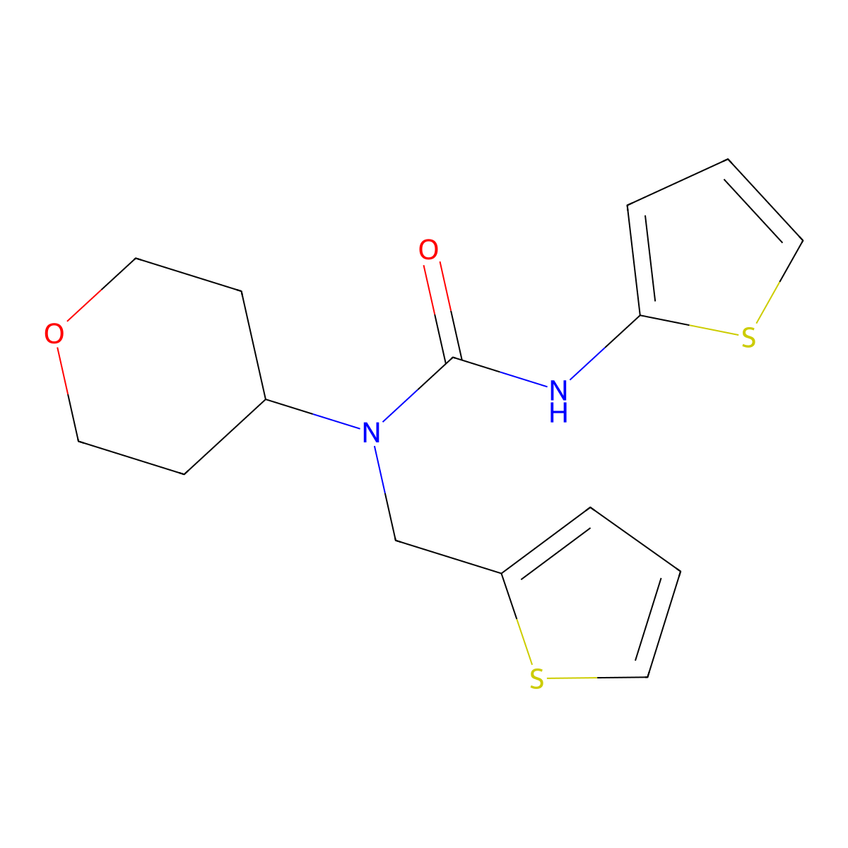 1-(tetrahydro-2H-pyran-4-yl)-3-(thiophen-2-yl)-1-(thiophen-2-ylmethyl)urea molecular structure, CAS 1797961-11-5