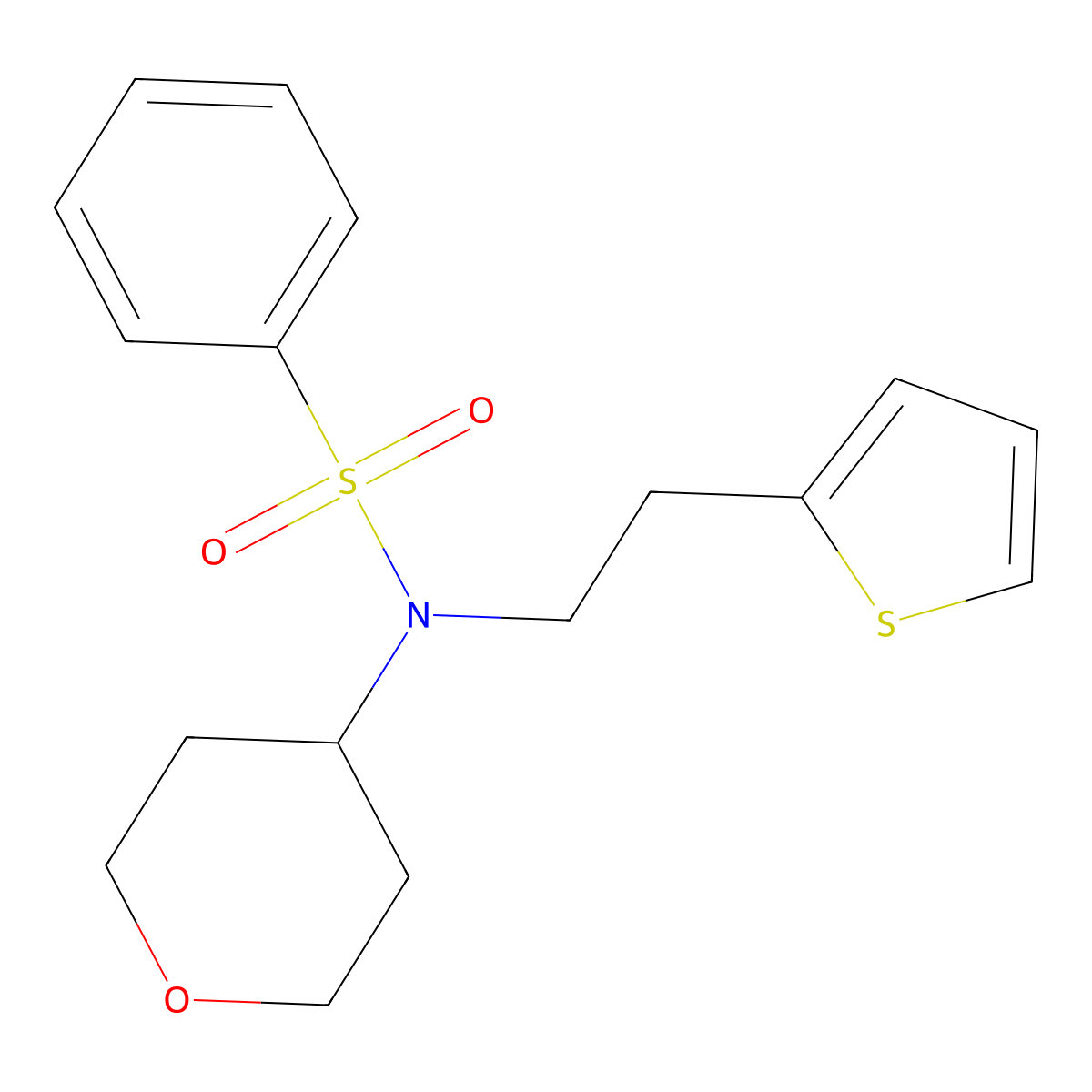 N-(tetrahydro-2H-pyran-4-yl)-N-(2-(thiophen-2-yl)ethyl)benzenesulfonamide molecular structure, CAS 1797961-24-0