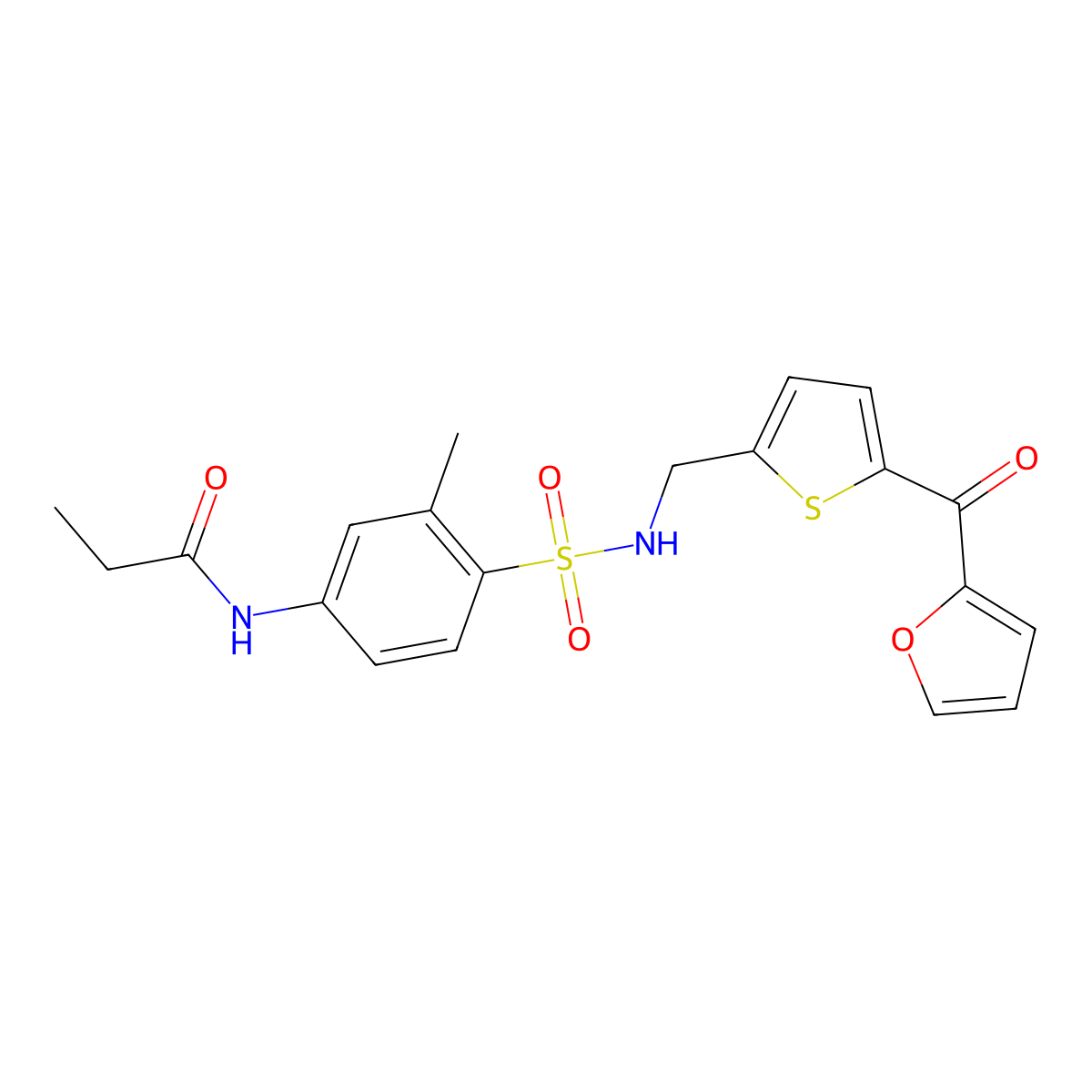 N-(4-(N-((5-(furan-2-carbonyl)thiophen-2-yl)methyl)sulfamoyl)-3-methylphenyl)propionamide molecular structure, CAS 1797961-85-3