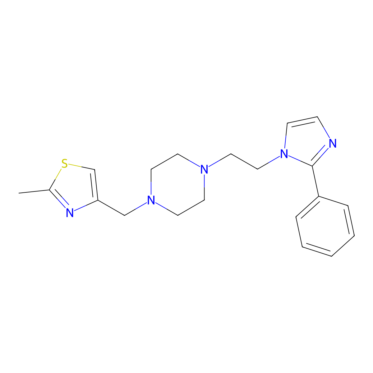 2-methyl-4-((4-(2-(2-phenyl-1H-imidazol-1-yl)ethyl)piperazin-1-yl)methyl)thiazole molecular structure, CAS 1797961-96-6