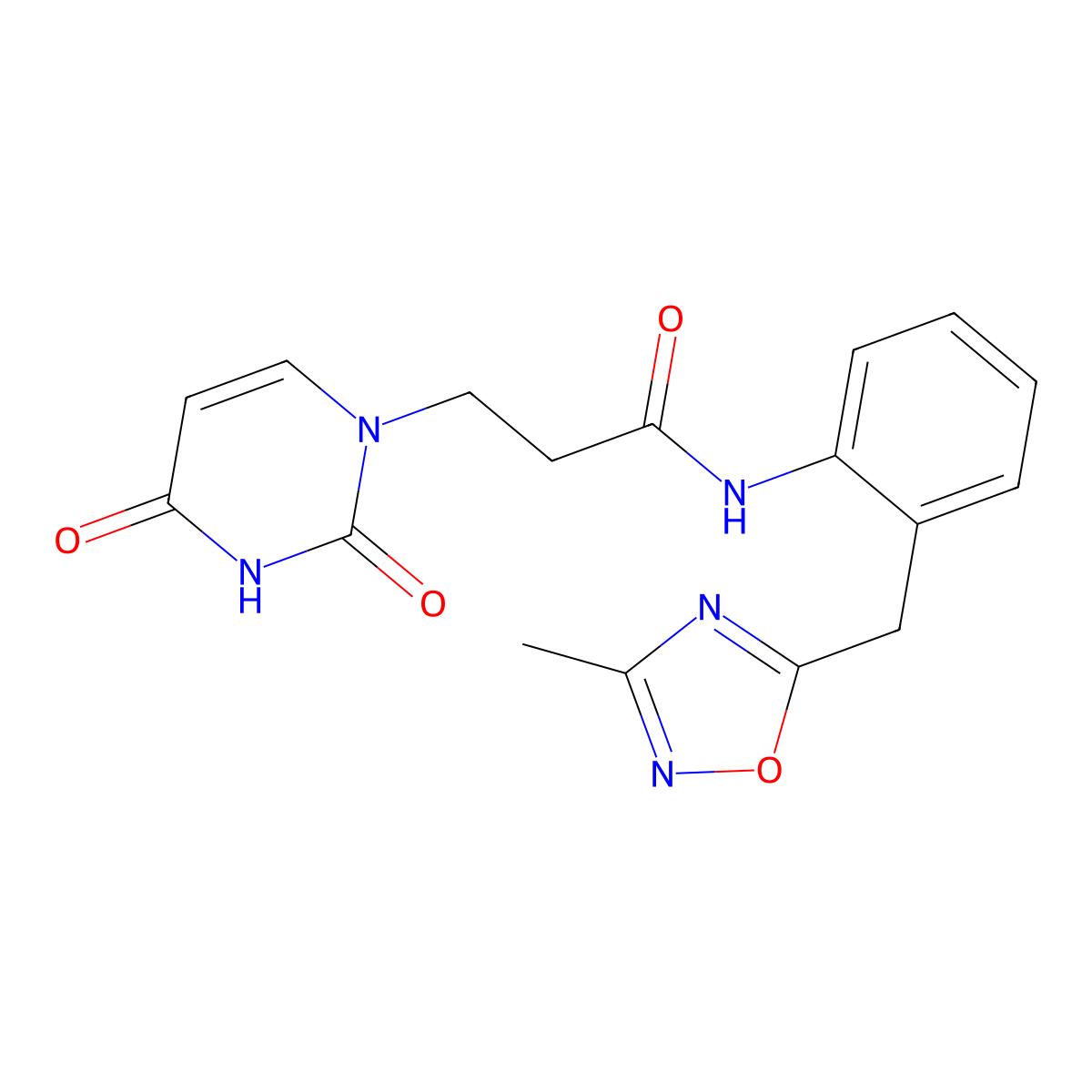 3-(2,4-dioxo-3,4-dihydropyrimidin-1(2H)-yl)-N-(2-((3-methyl-1,2,4-oxadiazol-5-yl)methyl)phenyl)propanamide molecular structure, CAS 1797962-25-4
