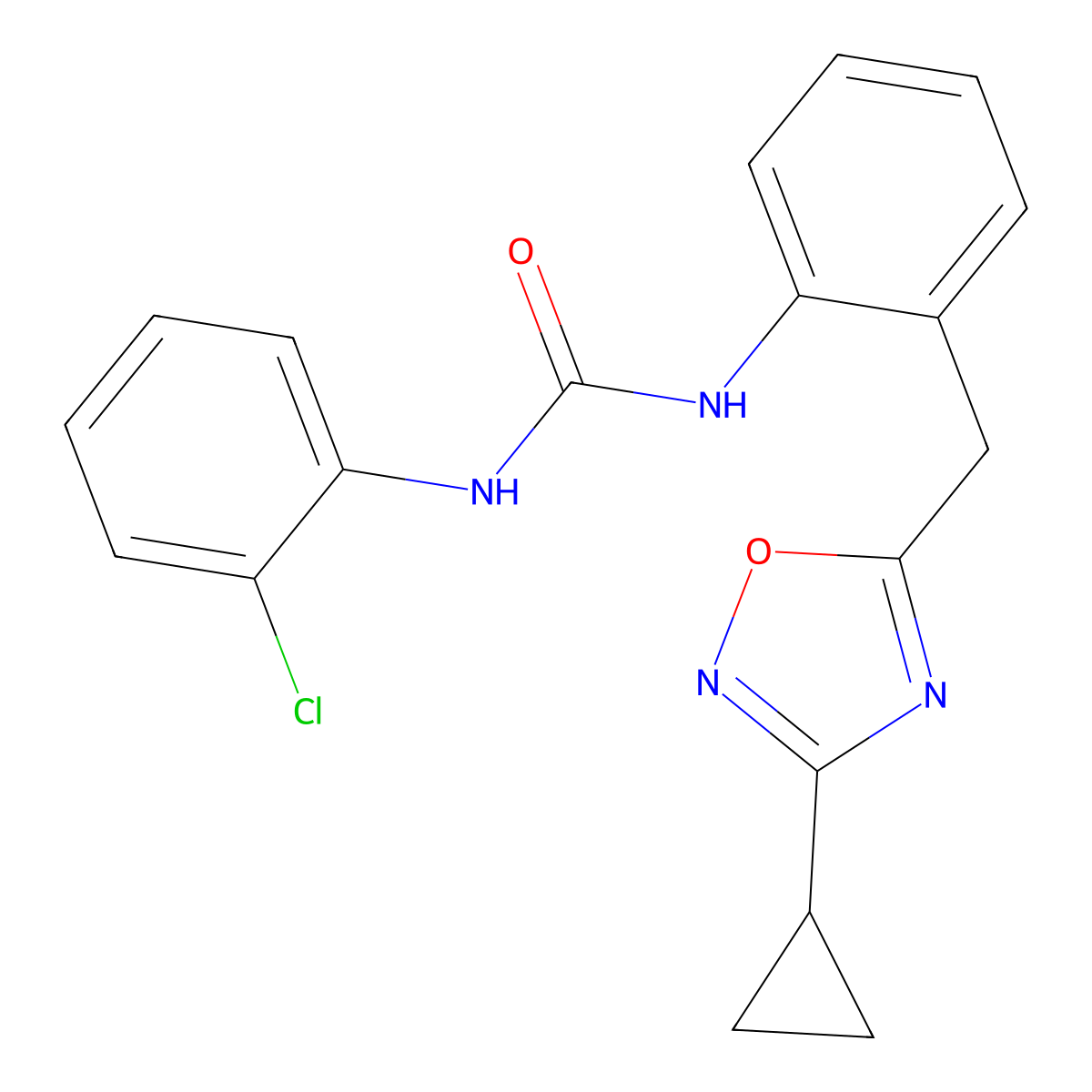 1-(2-Chlorophenyl)-3-(2-((3-cyclopropyl-1,2,4-oxadiazol-5-yl)methyl)phenyl)urea molecular structure, CAS 1797962-69-6