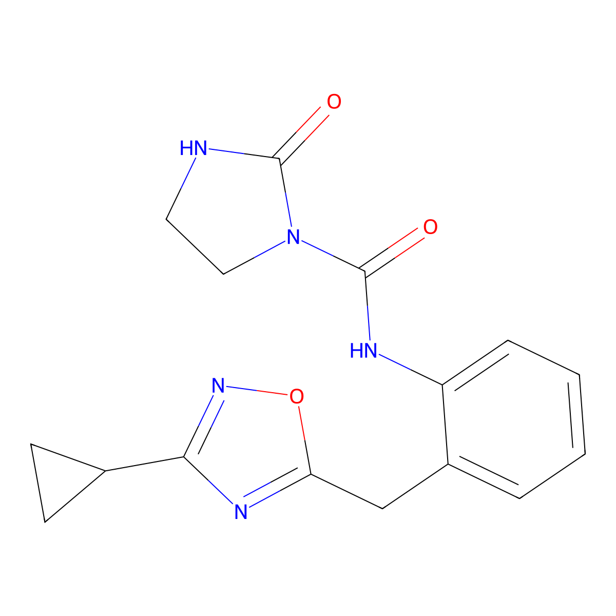 N-(2-((3-cyclopropyl-1,2,4-oxadiazol-5-yl)methyl)phenyl)-2-oxoimidazolidine-1-carboxamide molecular structure, CAS 1797962-72-1