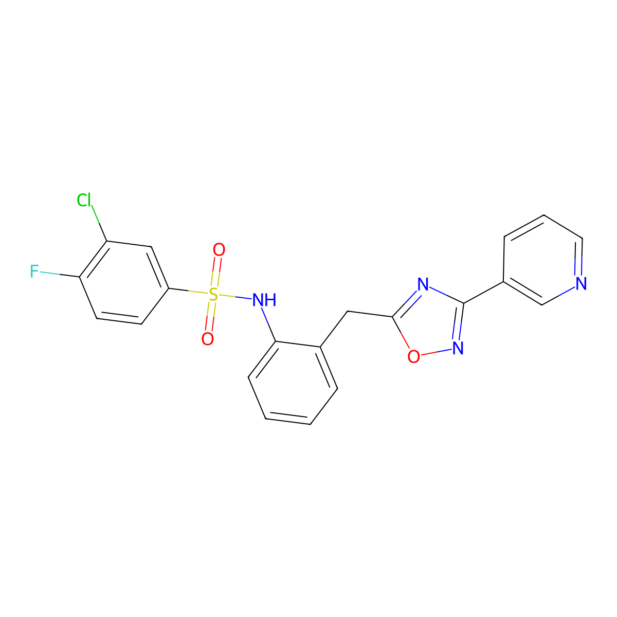 3-chloro-4-fluoro-N-(2-((3-(pyridin-3-yl)-1,2,4-oxadiazol-5-yl)methyl)phenyl)benzenesulfonamide molecular structure, CAS 1797962-82-3