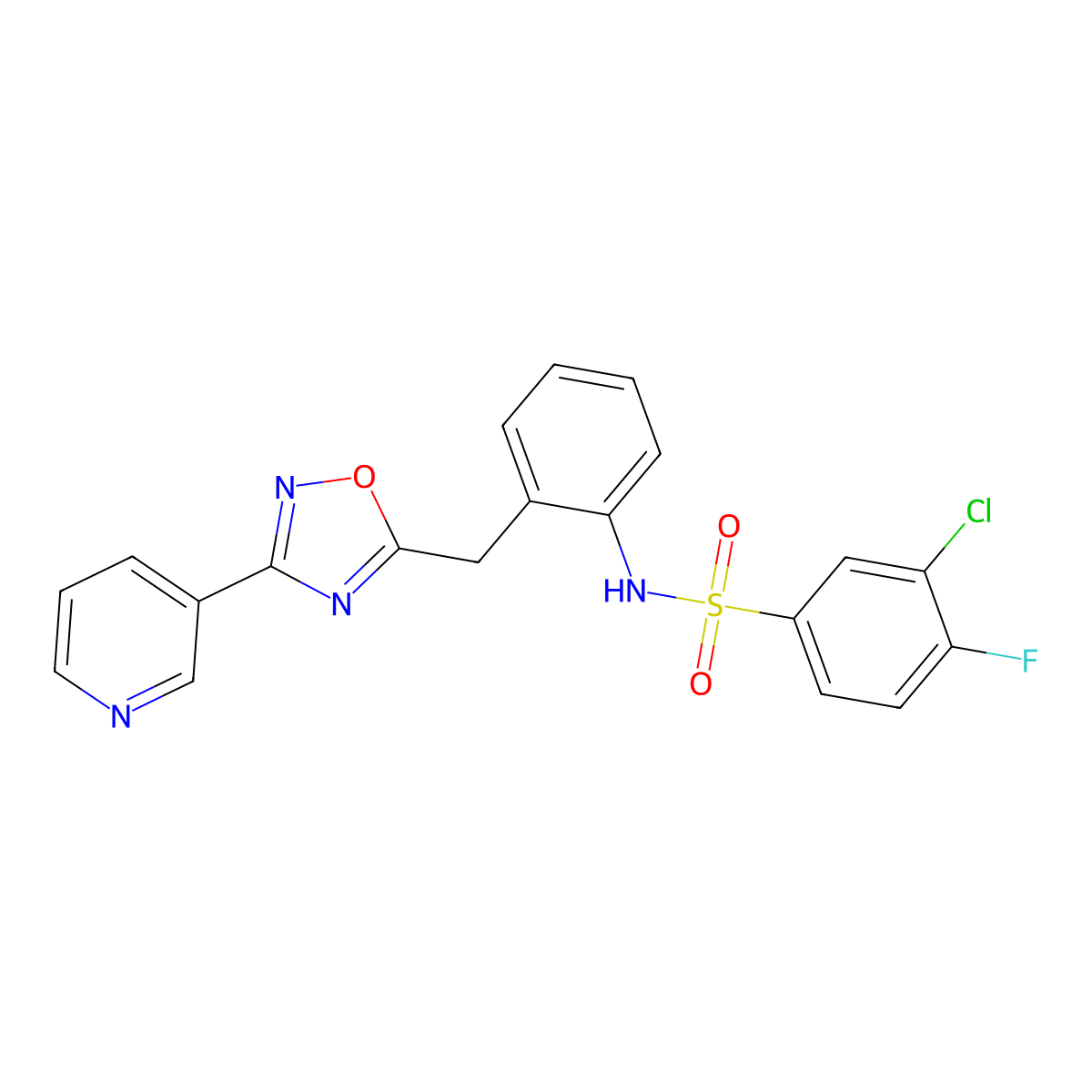 3-chloro-4-fluoro-N-(2-((3-(pyridin-3-yl)-1,2,4-oxadiazol-5-yl)methyl)phenyl)benzenesulfonamide molecular structure, CAS 1797962-82-3