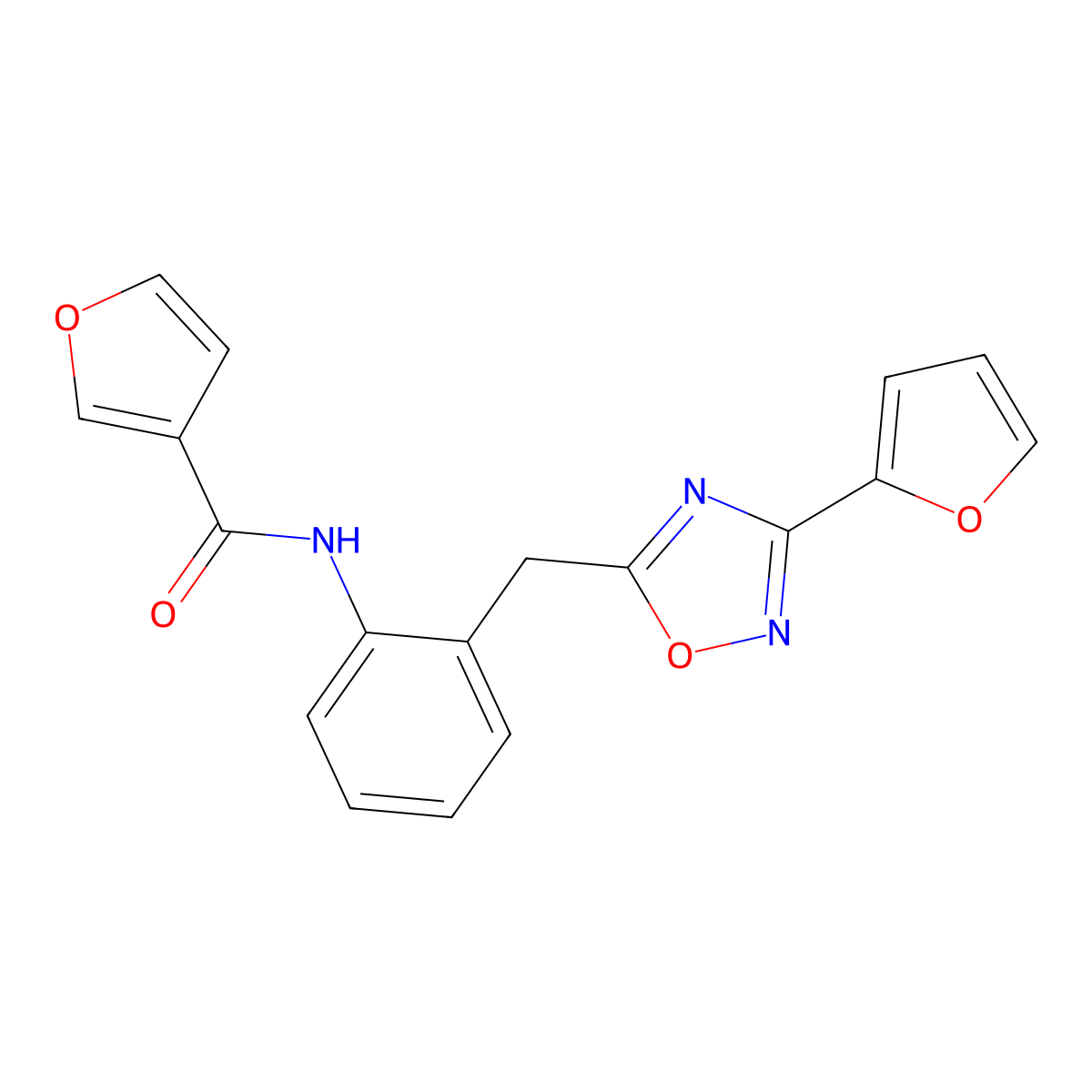 N-(2-((3-(furan-2-yl)-1,2,4-oxadiazol-5-yl)methyl)phenyl)furan-3-carboxamide molecular structure, CAS 1797963-03-1