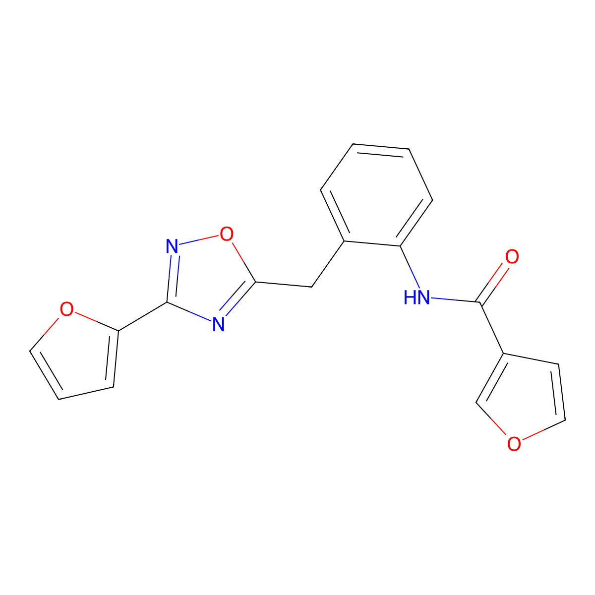 N-(2-((3-(furan-2-yl)-1,2,4-oxadiazol-5-yl)methyl)phenyl)furan-3-carboxamide molecular structure, CAS 1797963-03-1