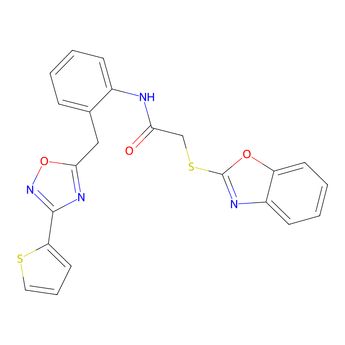 2-(benzo[d]oxazol-2-ylthio)-N-(2-((3-(thiophen-2-yl)-1,2,4-oxadiazol-5-yl)methyl)phenyl)acetamide molecular structure, CAS 1797963-17-7