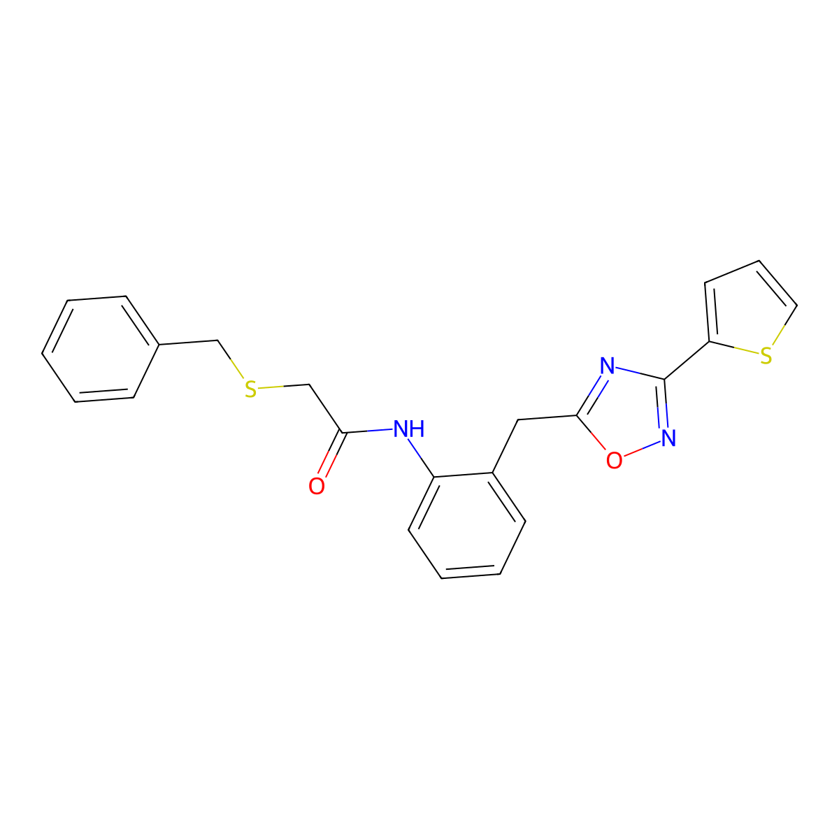 2-(benzylthio)-N-(2-((3-(thiophen-2-yl)-1,2,4-oxadiazol-5-yl)methyl)phenyl)acetamide molecular structure, CAS 1797963-27-9