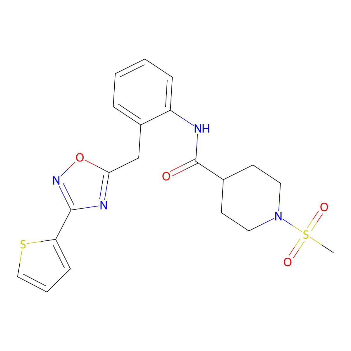 1-(methylsulfonyl)-N-(2-((3-(thiophen-2-yl)-1,2,4-oxadiazol-5-yl)methyl)phenyl)piperidine-4-carboxamide molecular structure, CAS 1797963-37-1