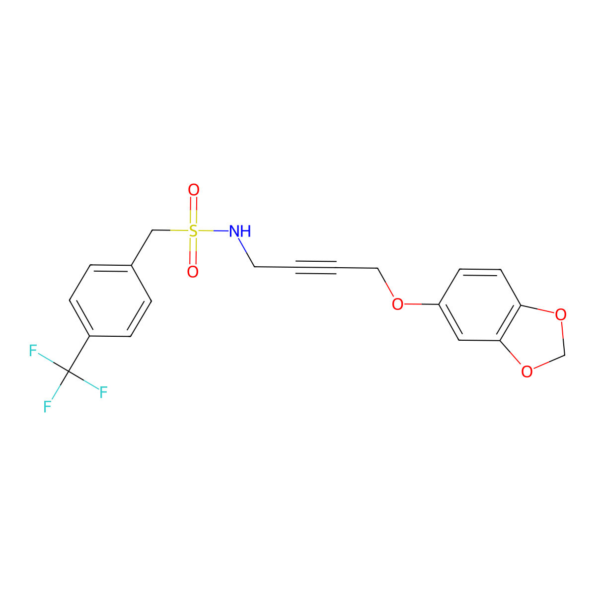 N-(4-(benzo[d][1,3]dioxol-5-yloxy)but-2-yn-1-yl)-1-(4-(trifluoromethyl)phenyl)methanesulfonamide molecular structure, CAS 1797964-00-1