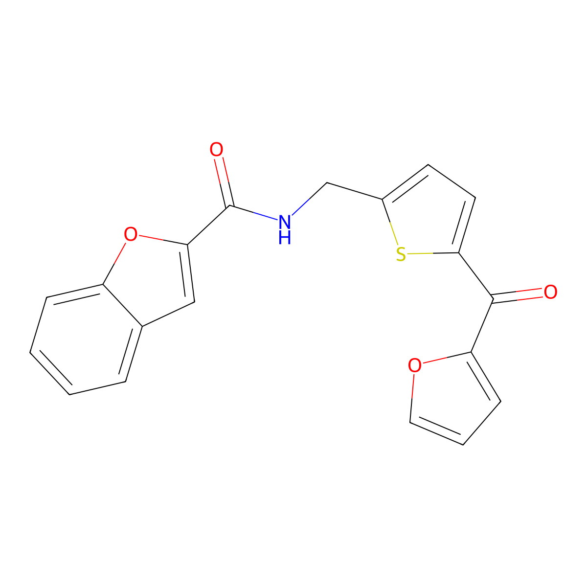 N-((5-(furan-2-carbonyl)thiophen-2-yl)methyl)benzofuran-2-carboxamide molecular structure, CAS 1797964-11-4