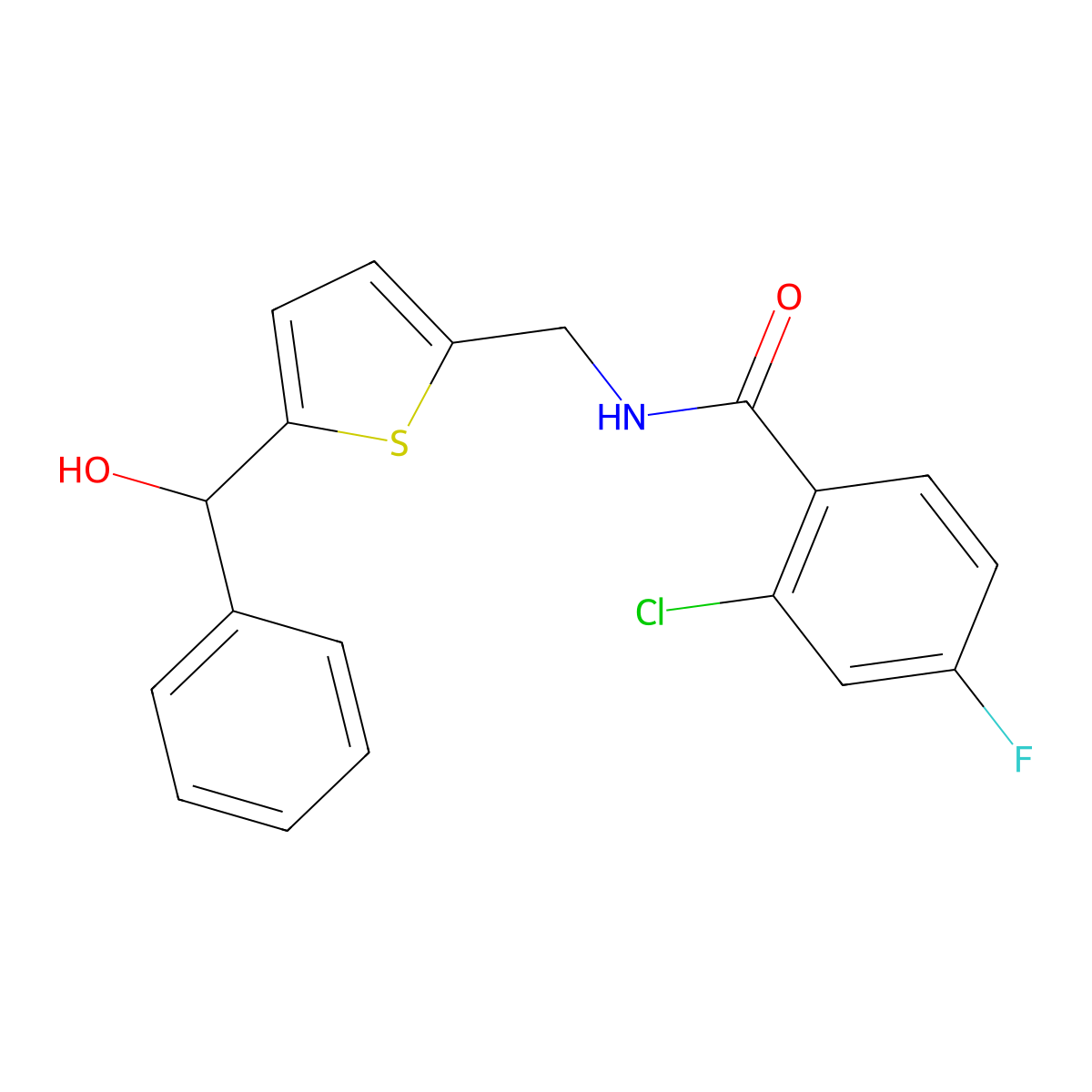 2-chloro-4-fluoro-N-({5-[hydroxy(phenyl)methyl]thiophen-2-yl}methyl)benzamide molecular structure, CAS 1797964-82-9