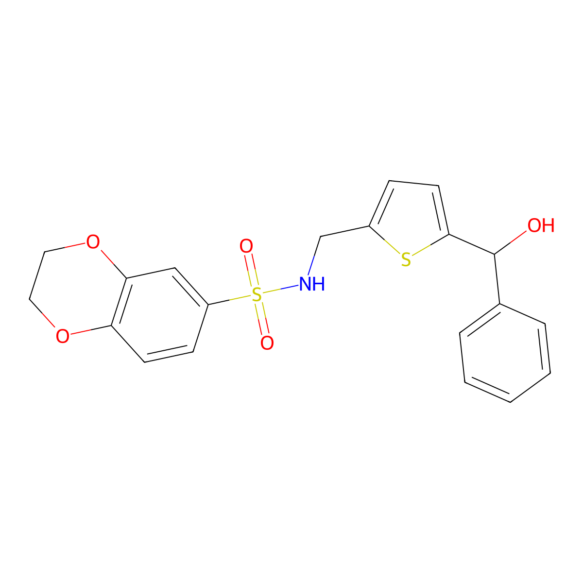 N-((5-(hydroxy(phenyl)methyl)thiophen-2-yl)methyl)-2,3-dihydrobenzo[b][1,4]dioxine-6-sulfonamide molecular structure, CAS 1797964-90-9