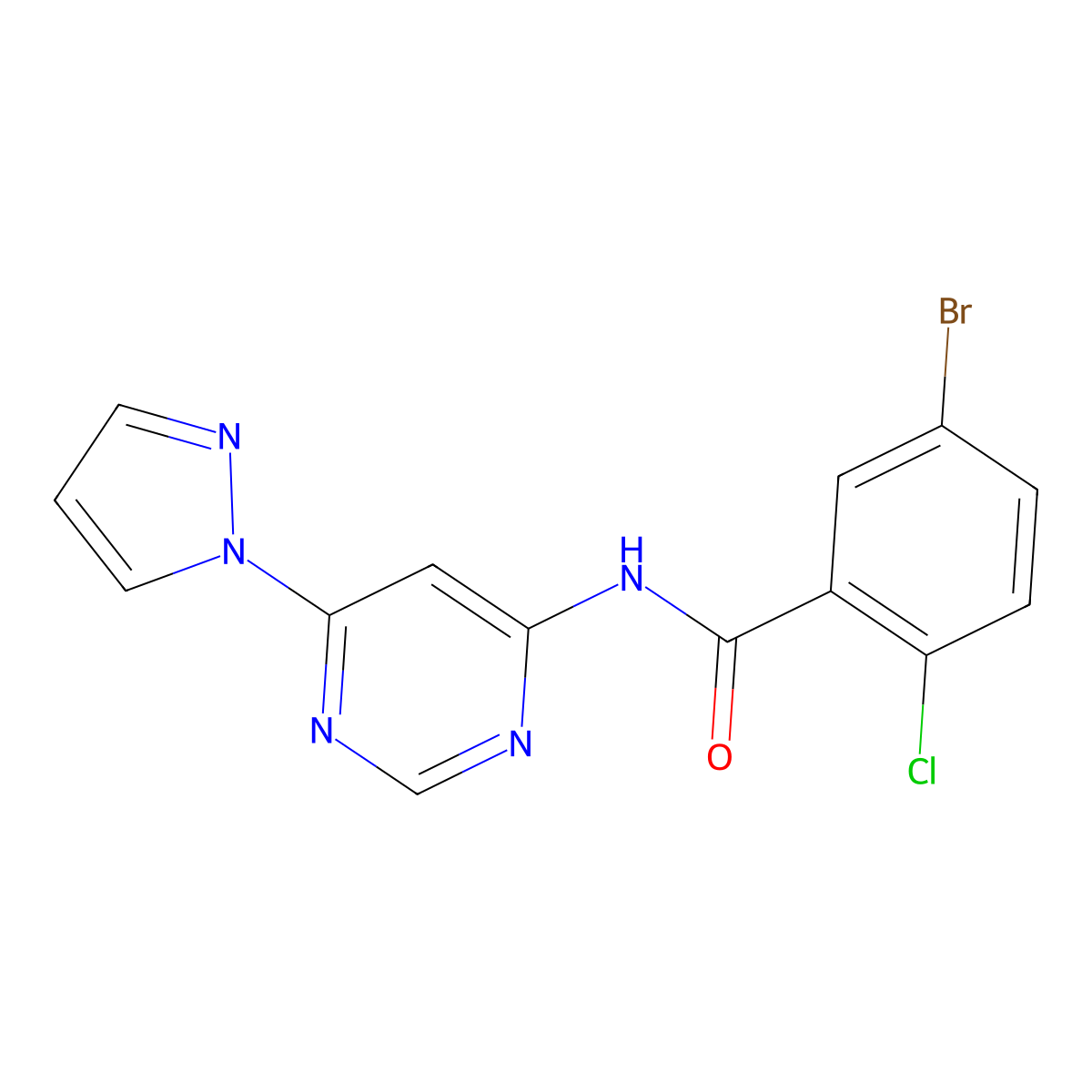 N-(6-(1H-pyrazol-1-yl)pyrimidin-4-yl)-5-bromo-2-chlorobenzamide molecular structure, CAS 1797965-23-1