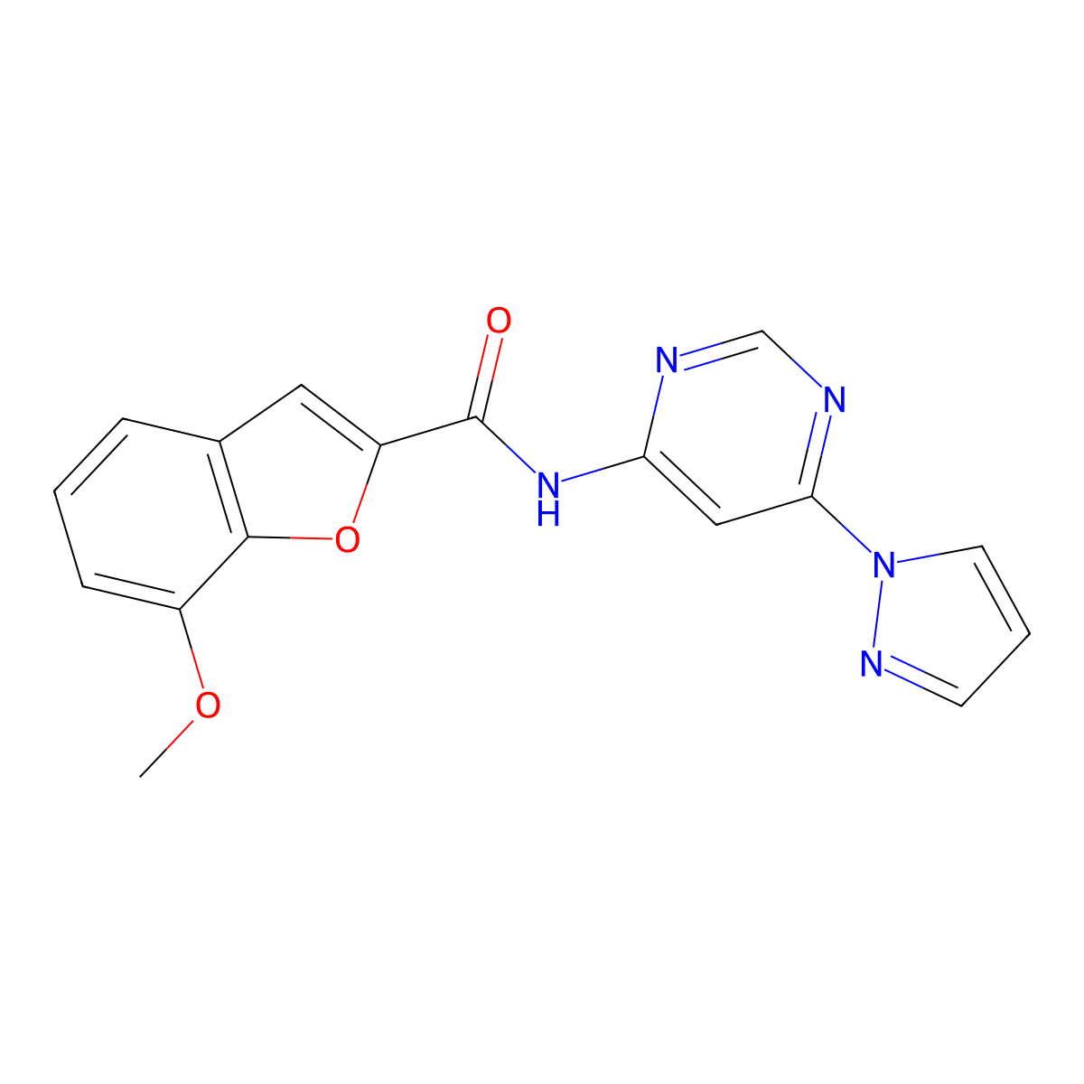 N-(6-(1H-pyrazol-1-yl)pyrimidin-4-yl)-7-methoxybenzofuran-2-carboxamide molecular structure, CAS 1797965-33-3