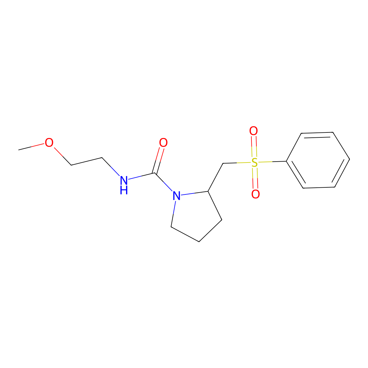 N-(2-methoxyethyl)-2-((phenylsulfonyl)methyl)pyrrolidine-1-carboxamide molecular structure, CAS 1797965-42-4
