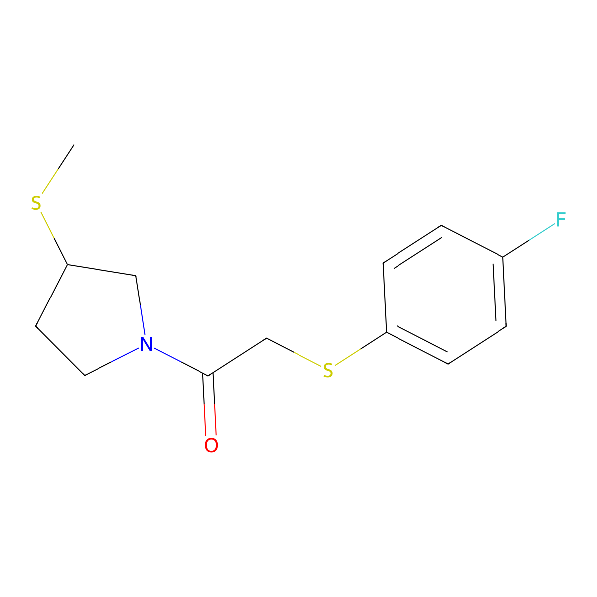 2-((4-Fluorophenyl)thio)-1-(3-(methylthio)pyrrolidin-1-yl)ethanone molecular structure, CAS 1797965-74-2