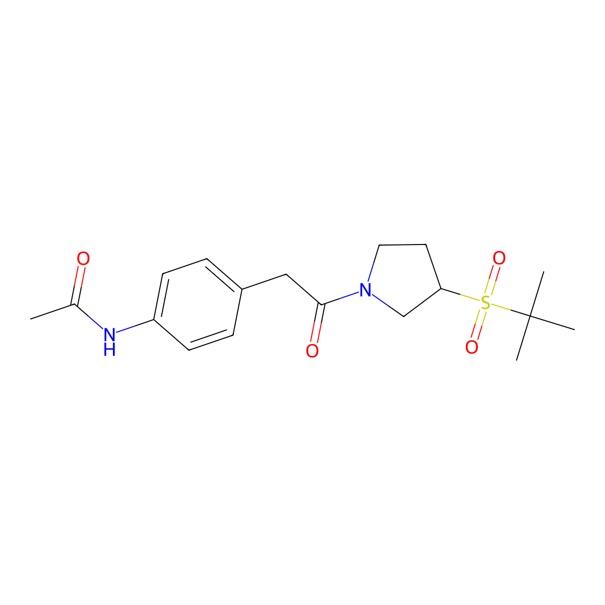 N-(4-(2-(3-(tert-butylsulfonyl)pyrrolidin-1-yl)-2-oxoethyl)phenyl)acetamide molecular structure, CAS 1797966-07-4