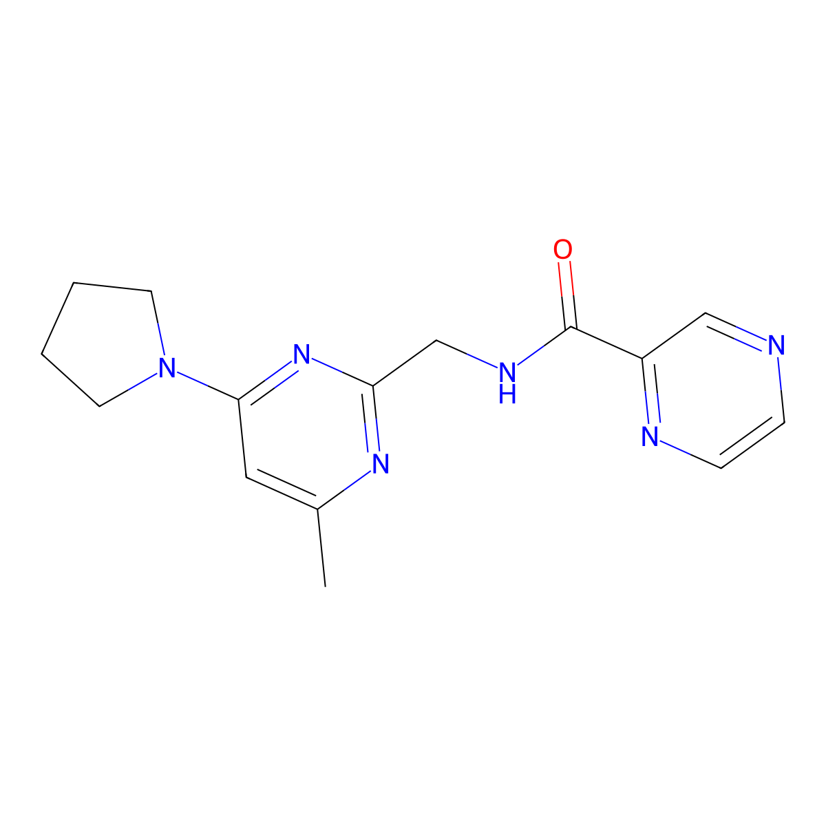 N-{[4-Methyl-6-(pyrrolidin-1-YL)pyrimidin-2-YL]methyl}pyrazine-2-carboxamide molecular structure, CAS 1797968-20-7