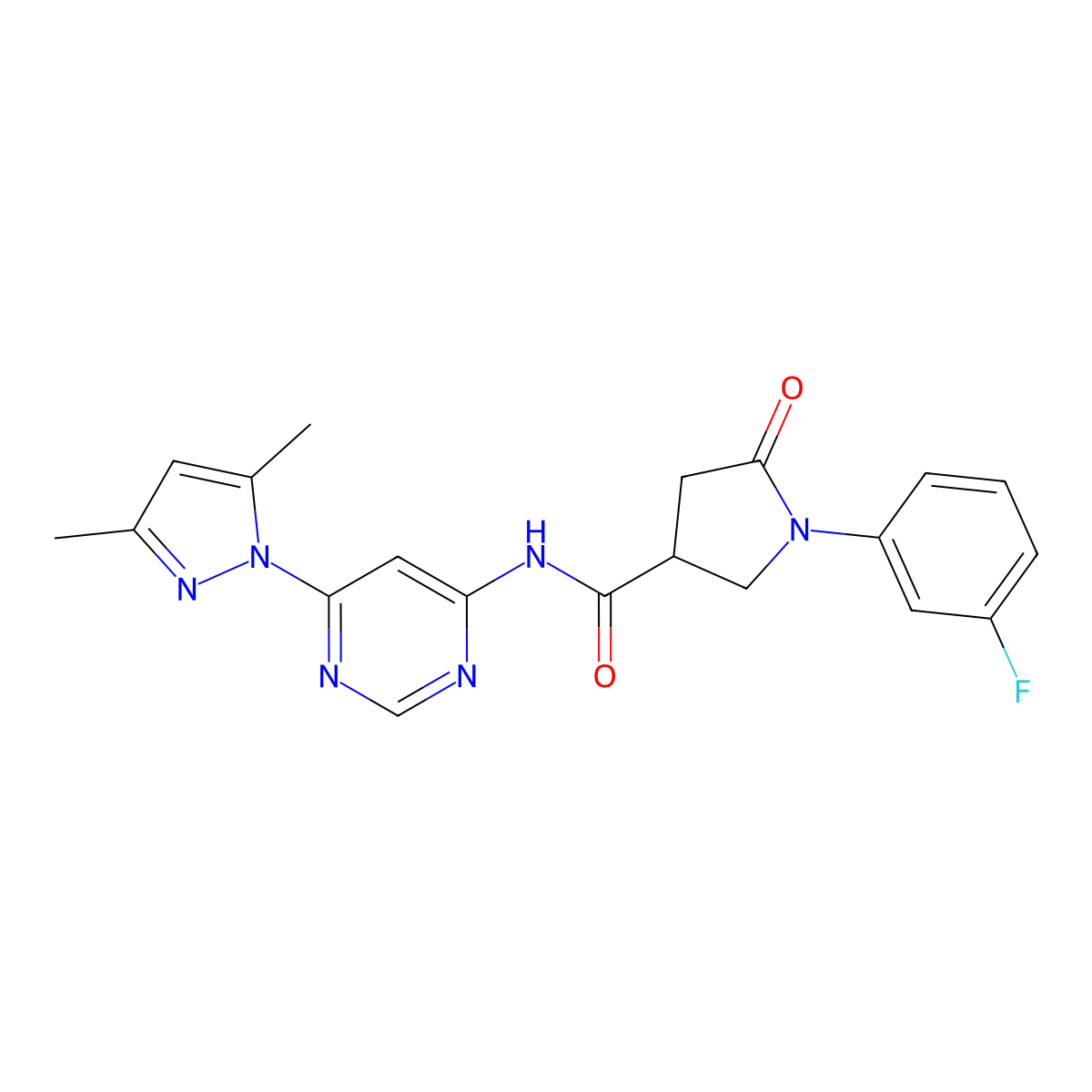 N-(6-(3,5-dimethyl-1H-pyrazol-1-yl)pyrimidin-4-yl)-1-(3-fluorophenyl)-5-oxopyrrolidine-3-carboxamide molecular structure, CAS 1797970-26-3