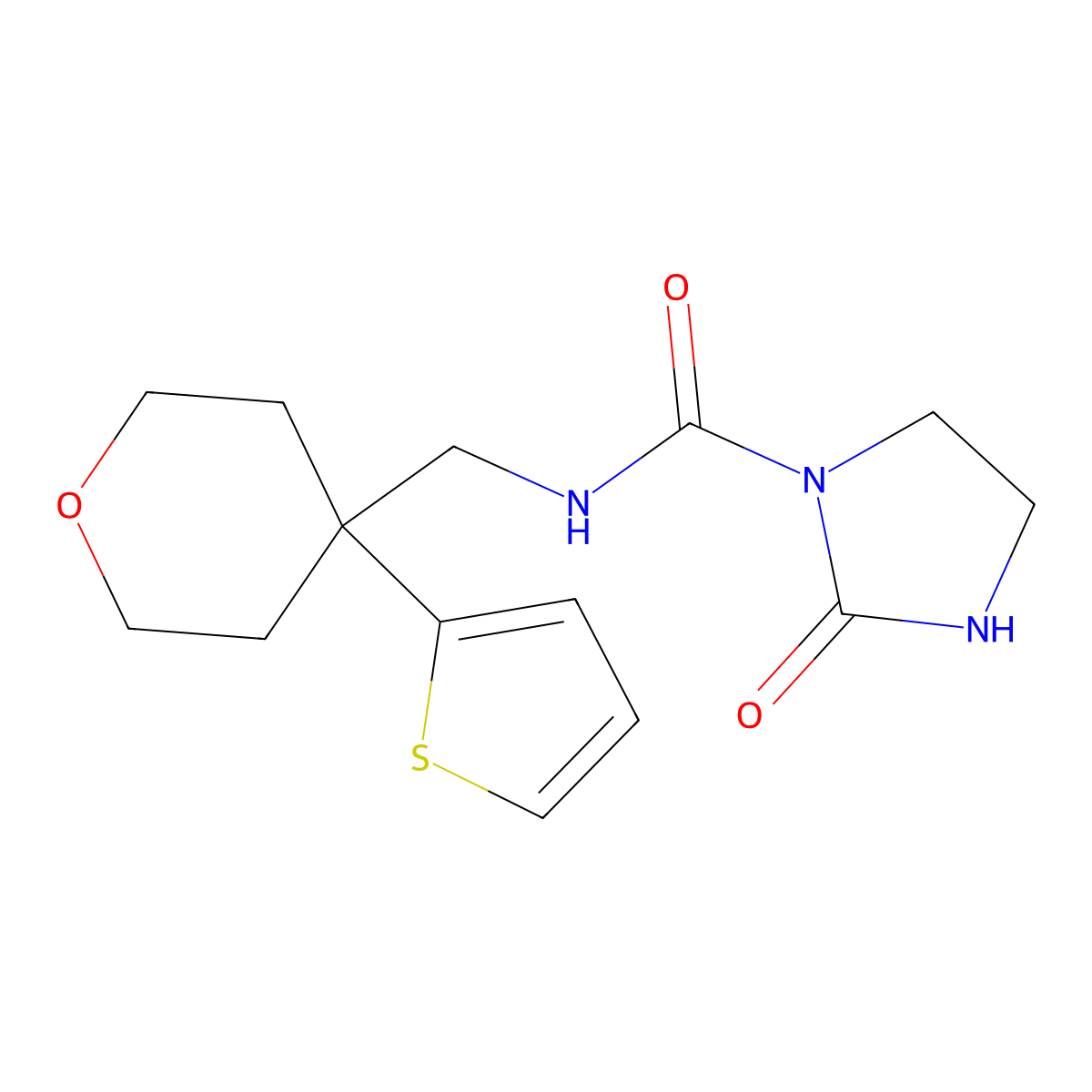 2-oxo-N-((4-(thiophen-2-yl)tetrahydro-2H-pyran-4-yl)methyl)imidazolidine-1-carboxamide molecular structure, CAS 1797971-00-6