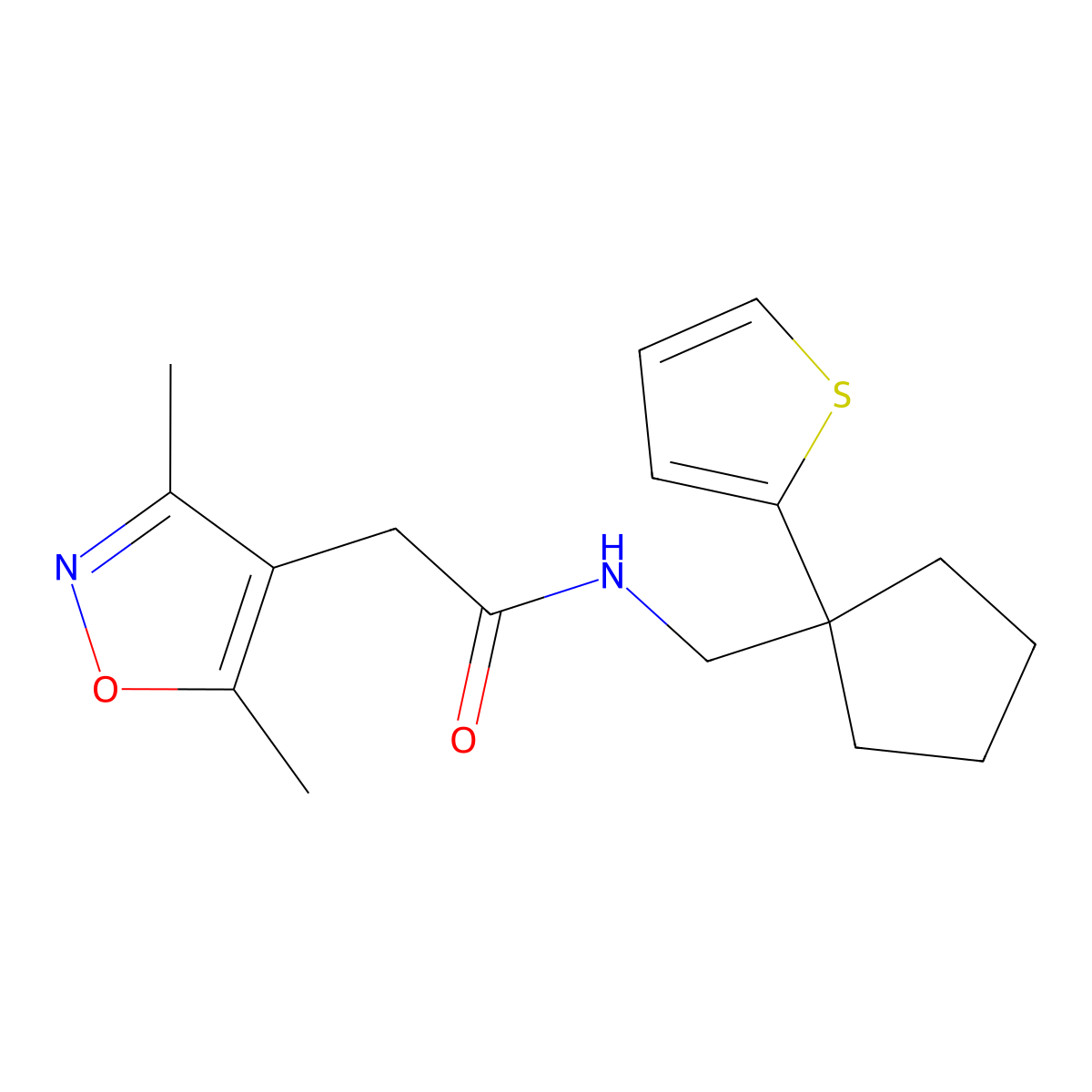 2-(3,5-dimethylisoxazol-4-yl)-N-((1-(thiophen-2-yl)cyclopentyl)methyl)acetamide molecular structure, CAS 1797971-16-4