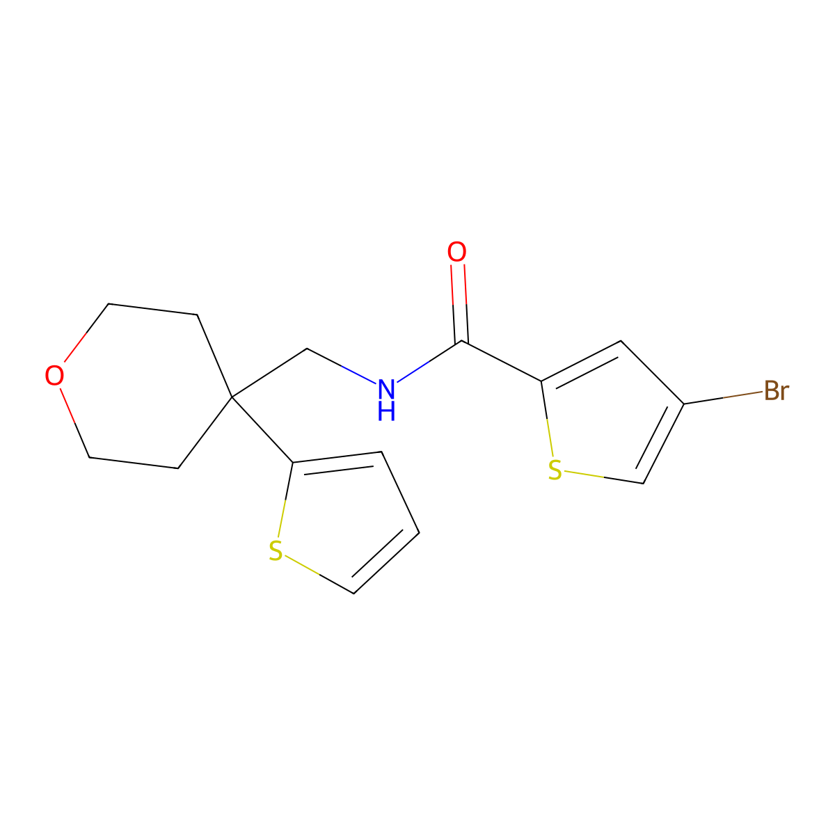 4-bromo-N-((4-(thiophen-2-yl)tetrahydro-2H-pyran-4-yl)methyl)thiophene-2-carboxamide molecular structure, CAS 1797971-38-0
