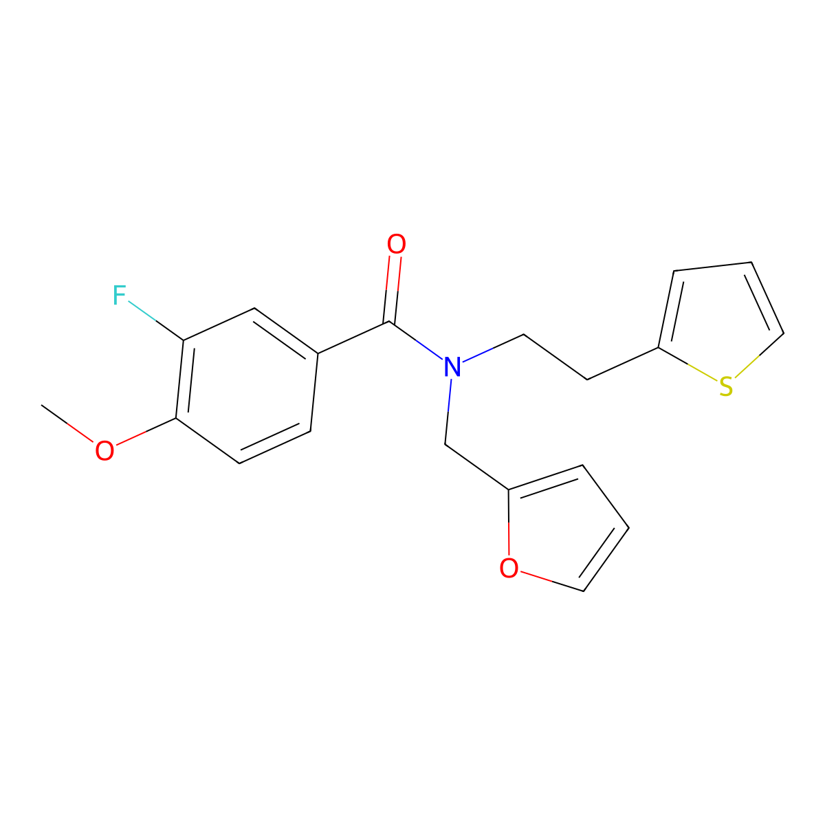 3-fluoro-N-(furan-2-ylmethyl)-4-methoxy-N-(2-(thiophen-2-yl)ethyl)benzamide molecular structure, CAS 1797971-59-5