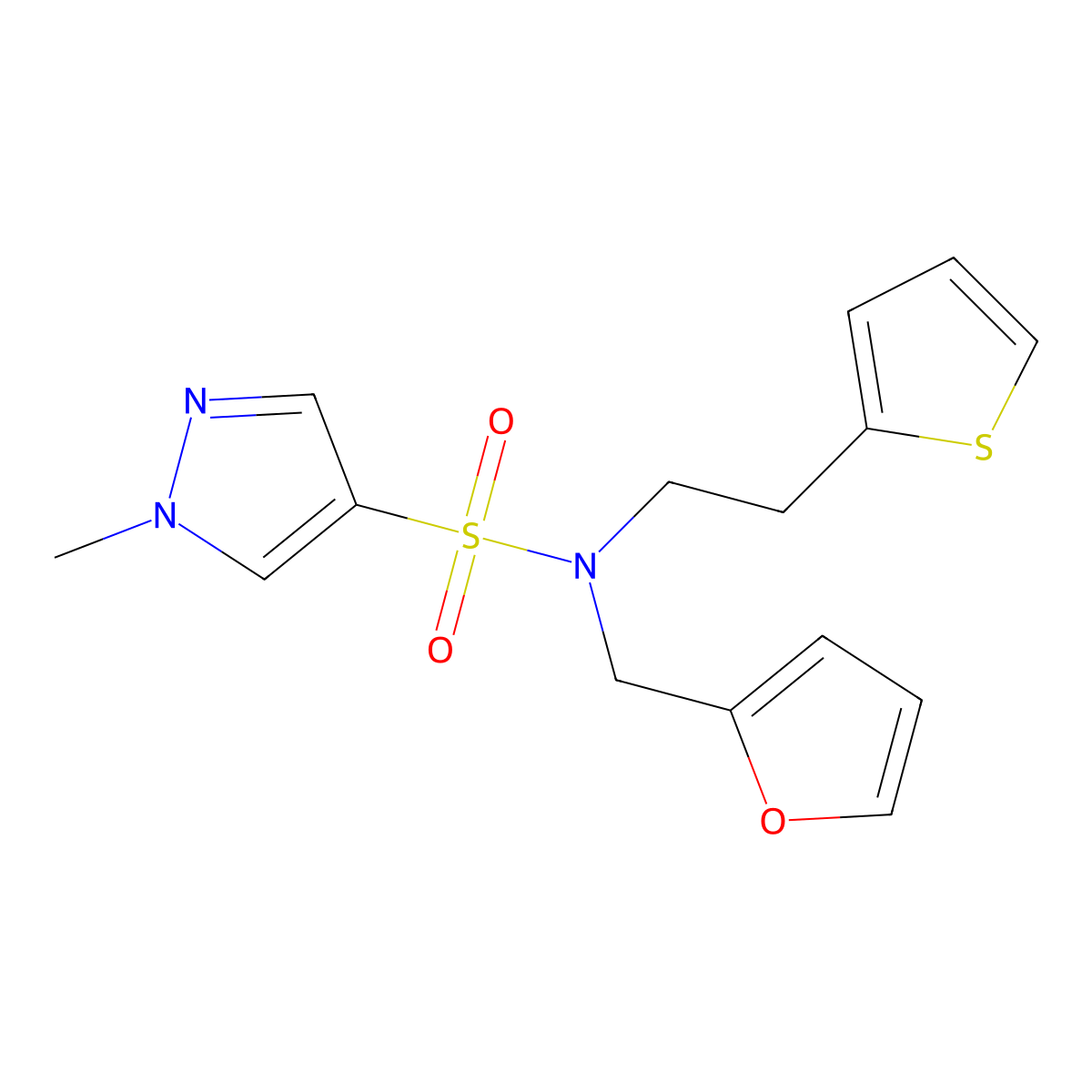 N-(furan-2-ylmethyl)-1-methyl-N-(2-(thiophen-2-yl)ethyl)-1H-pyrazole-4-sulfonamide molecular structure, CAS 1797971-66-4