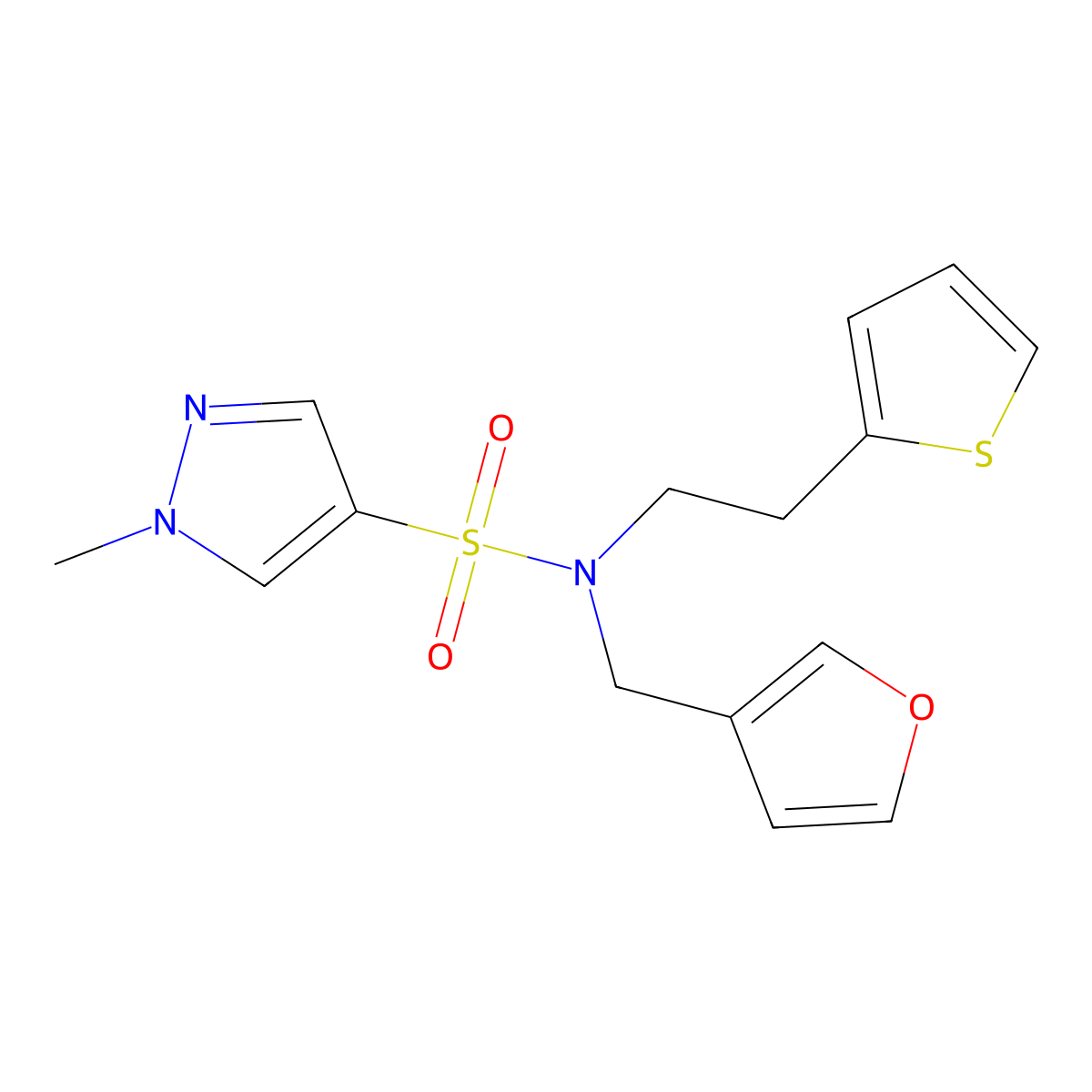 N-(furan-3-ylmethyl)-1-methyl-N-(2-(thiophen-2-yl)ethyl)-1H-pyrazole-4-sulfonamide molecular structure, CAS 1797971-95-9